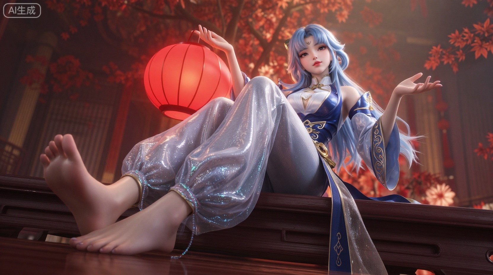 CGI,3D角色设计,低角度仰视构图展示一位拥有浅蓝色长发的动漫风格女性角色,她身着带有精致金边刺绣的蓝白配色丝绸服饰,腿部覆盖着带有珠光质感的半透明薄纱灯笼裤,呈现出极其逼真的布料褶皱与物理下垂感,角色赤脚坐在光泽度极高的深色木质平台上,双腿向前伸展,左手托举着一个内部发光的红色球体灯笼,右手优雅地向外伸展,面部妆容精致,眼神柔和注视前方,背景中充满了红色的枫叶和柔和的暖色调体积光,营造出梦幻的古风氛围,皮肤材质具有细腻的次表面散射（3S）效果,整体画面呈现出高精度的渲染质感,高精度3D模型,PBR写实材质,布料解算,次表面散射皮肤,体积光照明,景深效果,Octane渲染器质感,中国风场景,4K高清纹理,电影级布光,