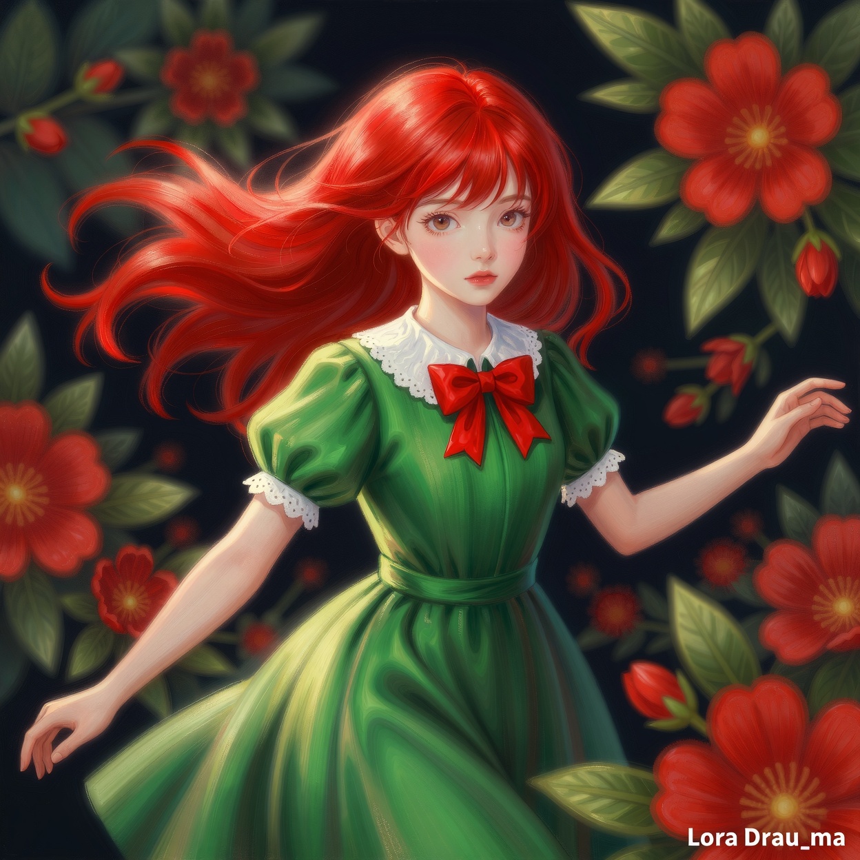 Create an illustration with exquisite lighting and composition. The image depicts a stylized illustration of a young girl...
