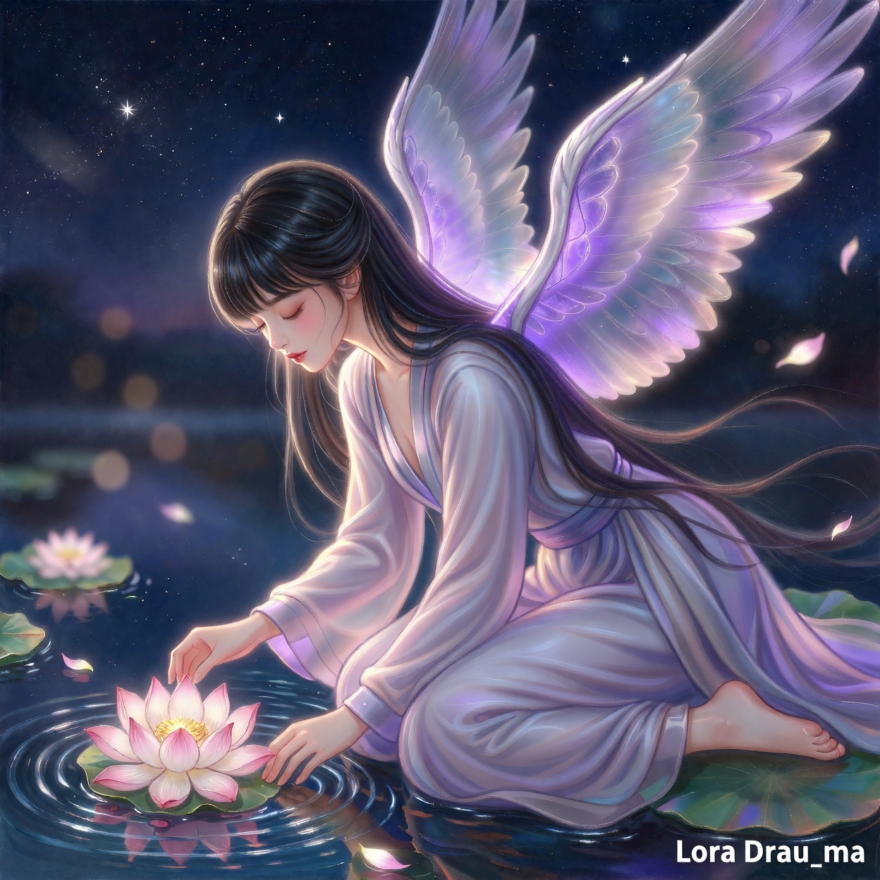 Create an illustration with exquisite lighting and composition. The image depicts a serene nighttime scene with a person k...