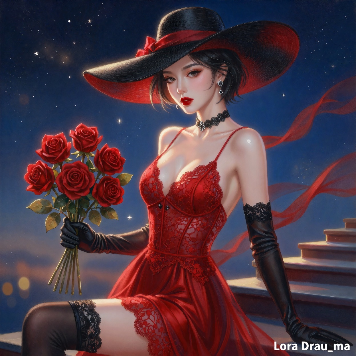 Create an illustration with exquisite lighting and composition. The image depicts a woman dressed in a striking red dress...