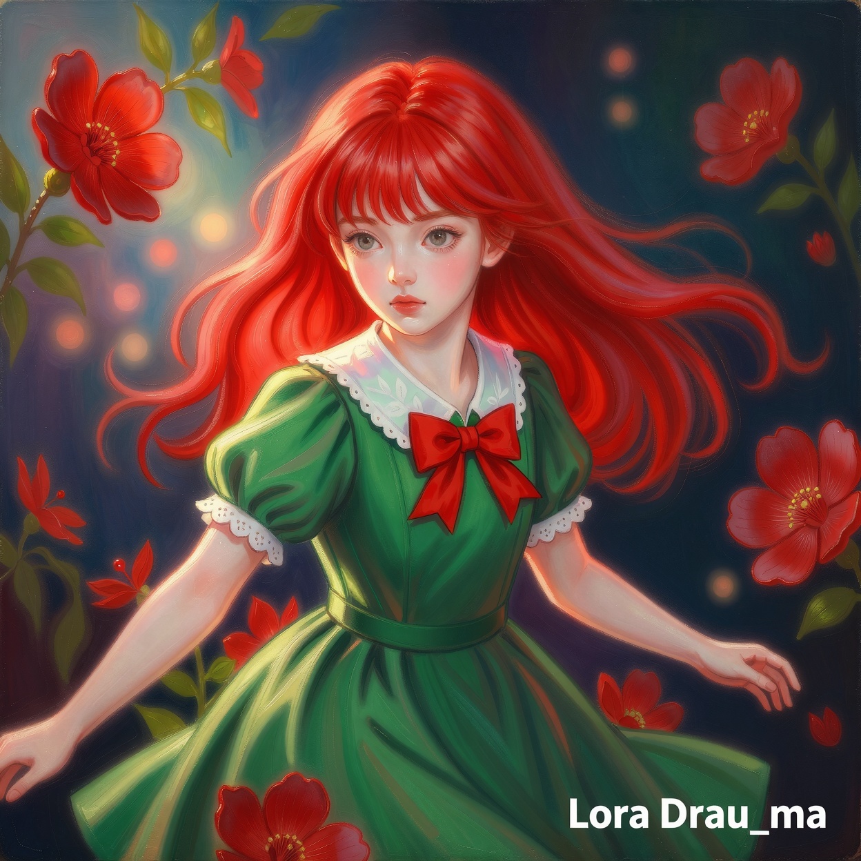 Create an illustration with exquisite lighting and composition. The image depicts a stylized illustration of a young girl...