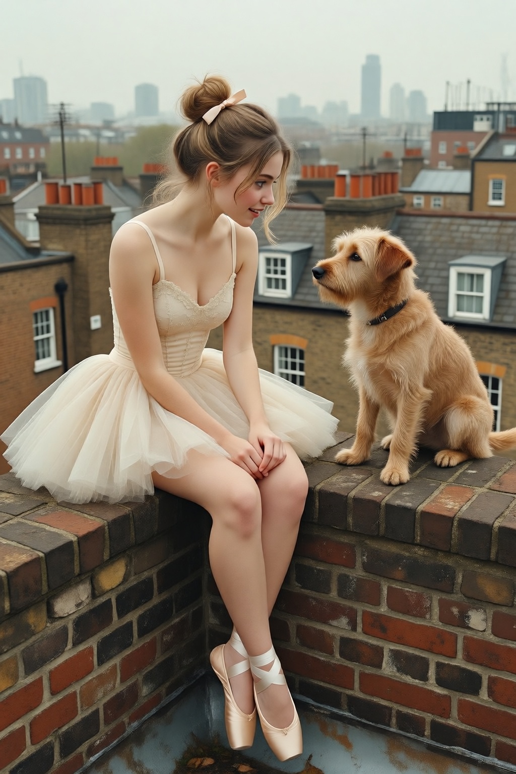 photojohnsingersargent13q20 photograph.  
High-angle view of a young woman with wispy blonde hair styled in a high, slightly messy ballerina bun secured with a small pale ribbon, sitting on the weathered brick ledge of a London rooftop. She is sitting on the left, dressed in a delicate, vintage-style champagne-colored ballet tutu with thin straps and a layered tulle skirt, paired with matching satin pointe shoes and ribbons crisscrossing her ankles. Her posture is poised yet relaxed, sitting with her legs dangling over the edge and her hands gently clasped in her lap, as she gazes with a curious and gentle expression at a small, scruffy tan terrier dog sitting directly across from her on the right. The dog has shaggy, textured fur and sits upright, looking back at her with an alert and friendly demeanor. The background is a soft-focus, hazy urban landscape of London chimneys and rooftops under a muted, overcast sky