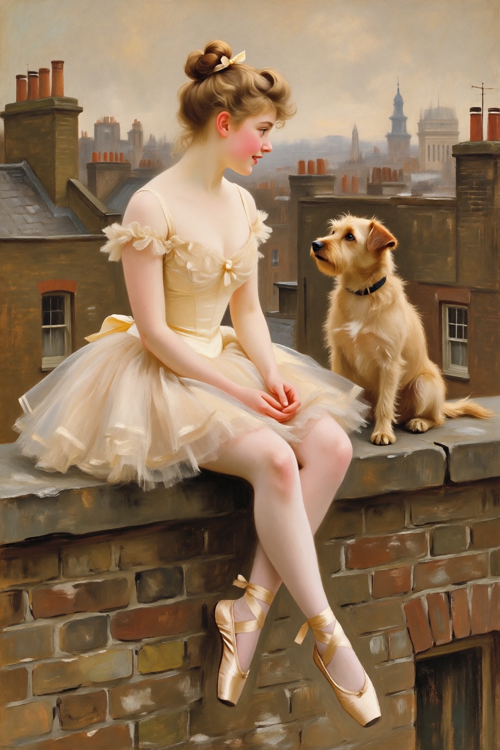 photojohnsingersargent13q20 oil painting.  
High-angle view of a young woman with wispy blonde hair styled in a high, slightly messy ballerina bun secured with a small pale ribbon, sitting on the weathered brick ledge of a London rooftop. She is sitting on the left, dressed in a delicate, vintage-style champagne-colored ballet tutu with thin straps and a layered tulle skirt, paired with matching satin pointe shoes and ribbons crisscrossing her ankles. Her posture is poised yet relaxed, sitting with her legs dangling over the edge and her hands gently clasped in her lap, as she gazes with a curious and gentle expression at a small, scruffy tan terrier dog sitting directly across from her on the right. The dog has shaggy, textured fur and sits upright, looking back at her with an alert and friendly demeanor. The background is a soft-focus, hazy urban landscape of London chimneys and rooftops under a muted, overcast sky