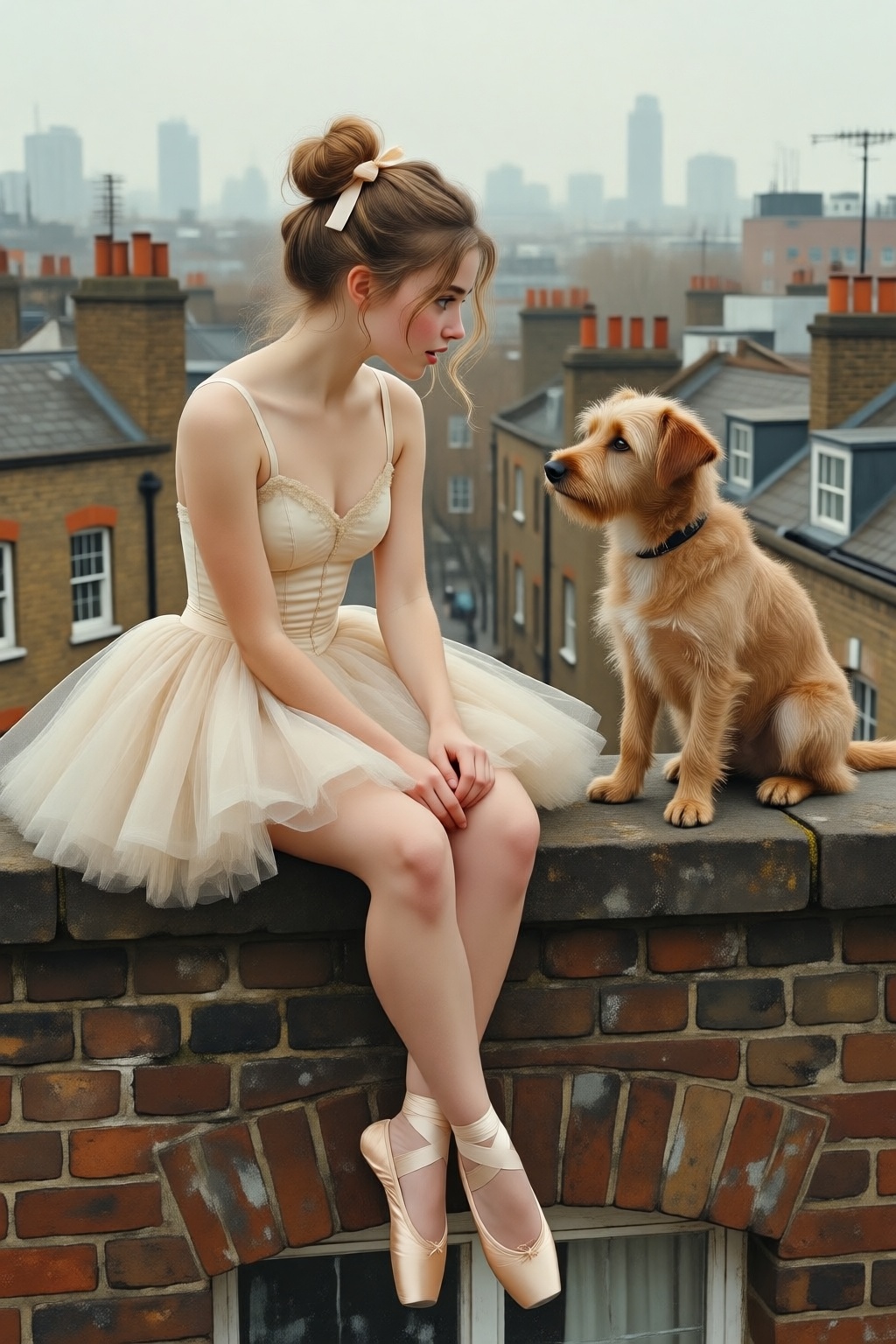 photojohnsingersargent13q20 illustration.  
High-angle view of a young woman with wispy blonde hair styled in a high, slightly messy ballerina bun secured with a small pale ribbon, sitting on the weathered brick ledge of a London rooftop. She is sitting on the left, dressed in a delicate, vintage-style champagne-colored ballet tutu with thin straps and a layered tulle skirt, paired with matching satin pointe shoes and ribbons crisscrossing her ankles. Her posture is poised yet relaxed, sitting with her legs dangling over the edge and her hands gently clasped in her lap, as she gazes with a curious and gentle expression at a small, scruffy tan terrier dog sitting directly across from her on the right. The dog has shaggy, textured fur and sits upright, looking back at her with an alert and friendly demeanor. The background is a soft-focus, hazy urban landscape of London chimneys and rooftops under a muted, overcast sky