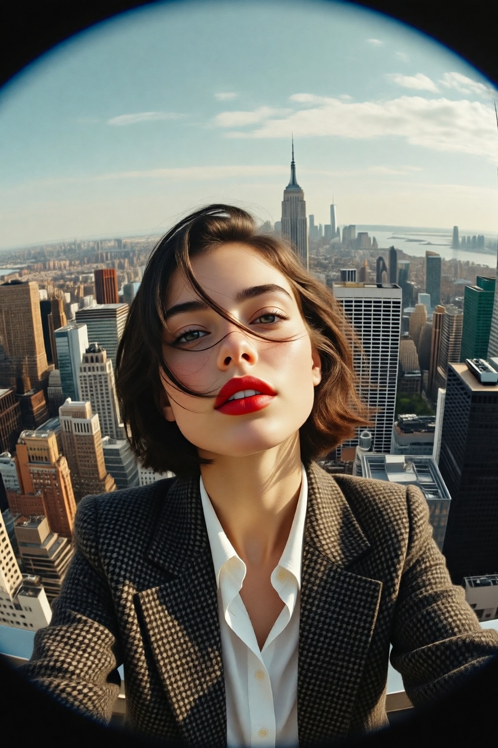 photojohnsingersargent13q photograph.  
High-angle, close-up of a woman with short, dark hair blowing across her face on a high-rise rooftop in New York City, with her head tilted sideway slightly. She wears bold red lipstick and a crisp white button-up shirt underneath a dark, textured houndstooth blazer. The camera uses a wide-angle lens, creating a slight fish-eye distortion that emphasizes the vast urban landscape below. In the background, the iconic Empire State Building rises prominently against a clear blue sky dotted with soft clouds