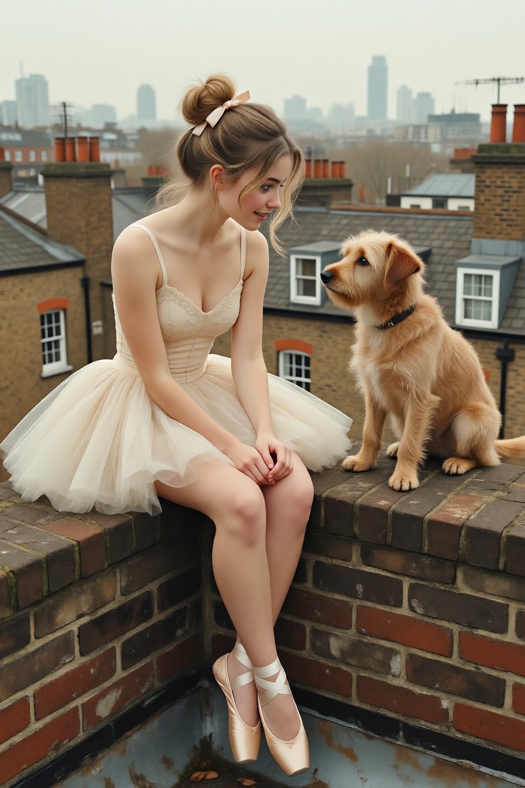 photojohnsingersargent13q20.  
High-angle view of a young woman with wispy blonde hair styled in a high, slightly messy ballerina bun secured with a small pale ribbon, sitting on the weathered brick ledge of a London rooftop. She is sitting on the left, dressed in a delicate, vintage-style champagne-colored ballet tutu with thin straps and a layered tulle skirt, paired with matching satin pointe shoes and ribbons crisscrossing her ankles. Her posture is poised yet relaxed, sitting with her legs dangling over the edge and her hands gently clasped in her lap, as she gazes with a curious and gentle expression at a small, scruffy tan terrier dog sitting directly across from her on the right. The dog has shaggy, textured fur and sits upright, looking back at her with an alert and friendly demeanor. The background is a soft-focus, hazy urban landscape of London chimneys and rooftops under a muted, overcast sky