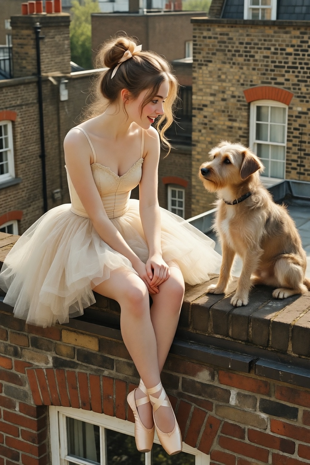 photojohnsingersargent13q25 illustration. 
High-angle view of a young woman with wispy blonde hair styled in a high, slightly messy ballerina bun secured with a small ribbon, sitting on the  brick ledge of a London rooftop. She is sitting on the left, dressed in a delicate, vintage-style champagne-colored ballet tutu with thin straps and a layered tulle skirt, paired with matching satin pointe shoes and ribbons crisscrossing her ankles. Her posture is poised yet relaxed, sitting with her legs dangling over the edge and her hands gently clasped in her lap, as she gazes with a curious and gentle expression at a small, scruffy tan terrier dog sitting directly across from her on the right. The dog has shaggy fur and sits upright, looking back at her with an alert and friendly demeanor. 