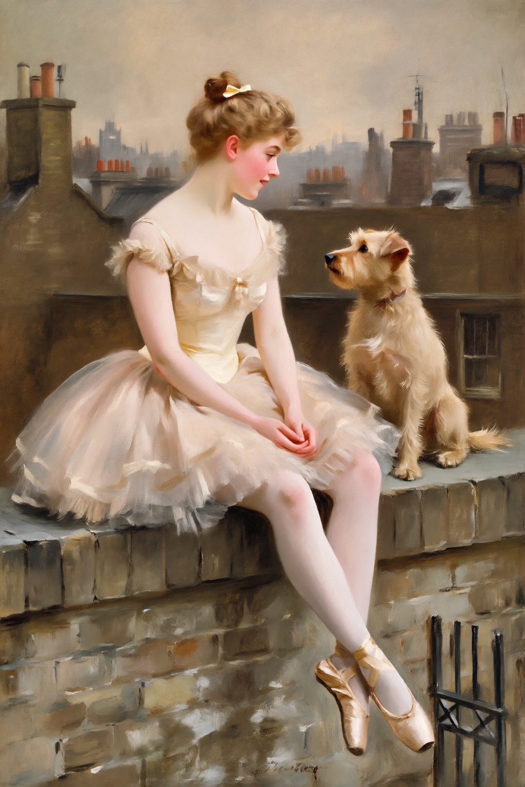 photojohnsingersargent13q25 oil painting. 
High-angle view of a young woman with wispy blonde hair styled in a high, slightly messy ballerina bun secured with a small pale ribbon, sitting on the weathered brick ledge of a London rooftop. She is sitting on the left, dressed in a delicate, vintage-style champagne-colored ballet tutu with thin straps and a layered tulle skirt, paired with matching satin pointe shoes and ribbons crisscrossing her ankles. Her posture is poised yet relaxed, sitting with her legs dangling over the edge and her hands gently clasped in her lap, as she gazes with a curious and gentle expression at a small, scruffy tan terrier dog sitting directly across from her on the right. The dog has shaggy, textured fur and sits upright, looking back at her with an alert and friendly demeanor. The background is a soft-focus, hazy urban landscape of London chimneys and rooftops under a muted, overcast sky
