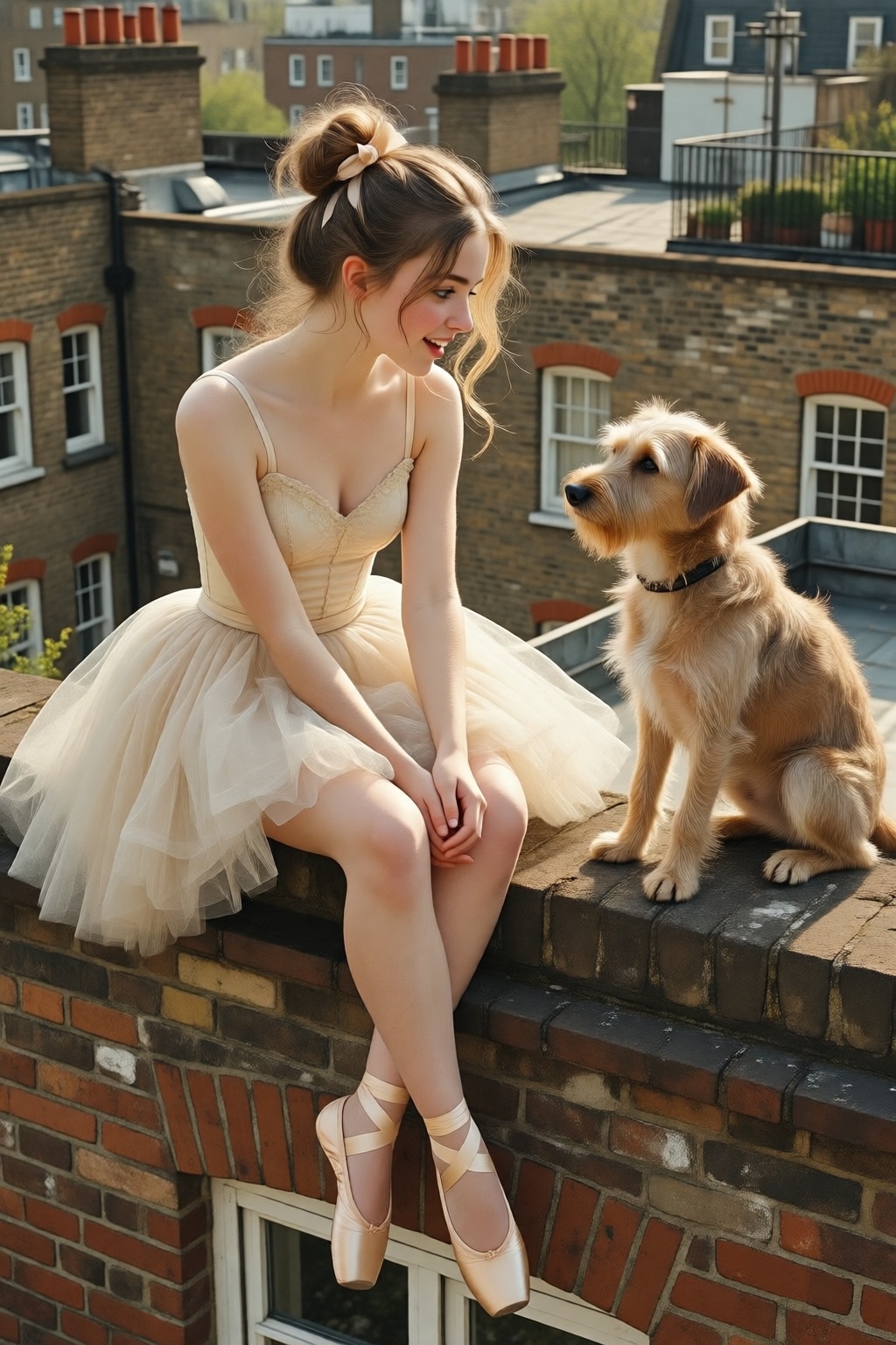 photojohnsingersargent13q25 illustration. 
High-angle view of a young woman with wispy blonde hair styled in a high, slightly messy ballerina bun secured with a small ribbon, sitting on the  brick ledge of a London rooftop. She is sitting on the left, dressed in a delicate, vintage-style champagne-colored ballet tutu with thin straps and a layered tulle skirt, paired with matching satin pointe shoes and ribbons crisscrossing her ankles. Her posture is poised yet relaxed, sitting with her legs dangling over the edge and her hands gently clasped in her lap, as she gazes with a curious and gentle expression at a small, scruffy tan terrier dog sitting directly across from her on the right. The dog has shaggy, textured fur and sits upright, looking back at her with an alert and friendly demeanor. 