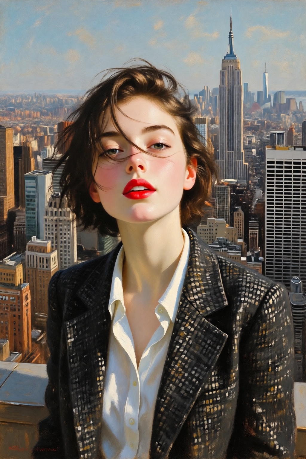 photojohnsingersargent13q25 oil painting. 
High-angle, close-up of a woman with short, dark hair blowing across her face on a high-rise rooftop in New York City, with her head tilted sideway slightly. She wears bold red lipstick and a crisp white button-up shirt underneath a dark, textured houndstooth blazer. The camera uses a wide-angle lens, creating a slight fish-eye distortion that emphasizes the vast urban landscape below. In the background, the iconic Empire State Building rises prominently against a clear blue sky dotted with soft clouds