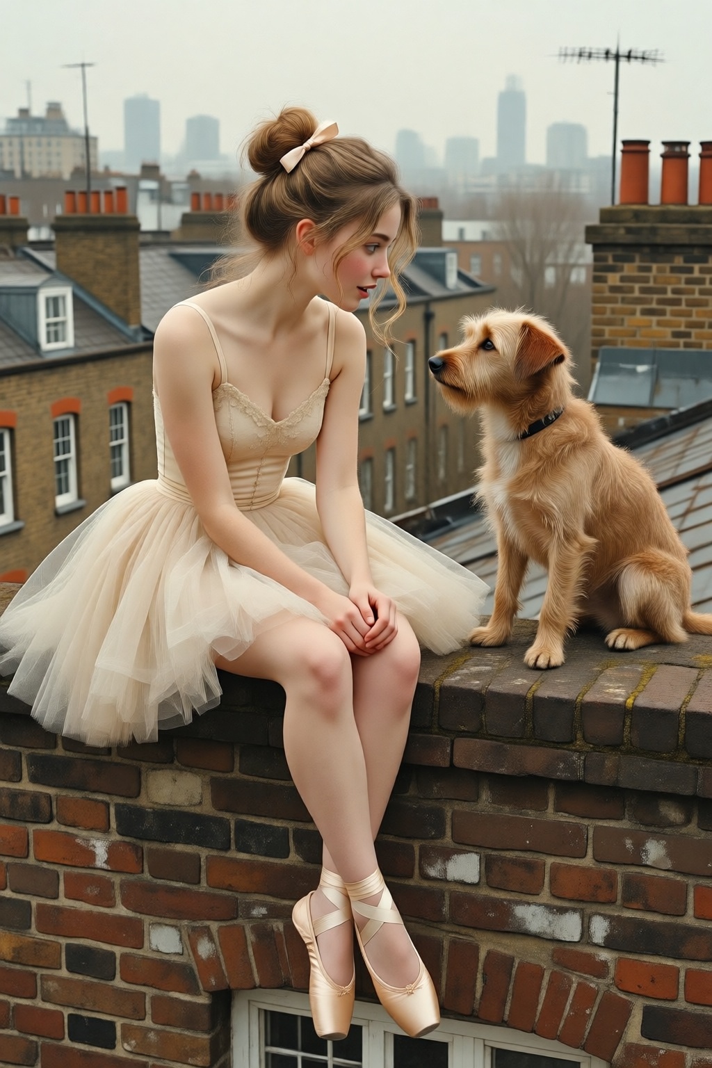 photojohnsingersargent13q25 illustration. 
High-angle view of a young woman with wispy blonde hair styled in a high, slightly messy ballerina bun secured with a small pale ribbon, sitting on the weathered brick ledge of a London rooftop. She is sitting on the left, dressed in a delicate, vintage-style champagne-colored ballet tutu with thin straps and a layered tulle skirt, paired with matching satin pointe shoes and ribbons crisscrossing her ankles. Her posture is poised yet relaxed, sitting with her legs dangling over the edge and her hands gently clasped in her lap, as she gazes with a curious and gentle expression at a small, scruffy tan terrier dog sitting directly across from her on the right. The dog has shaggy, textured fur and sits upright, looking back at her with an alert and friendly demeanor. The background is a soft-focus, hazy urban landscape of London chimneys and rooftops under a muted, overcast sky