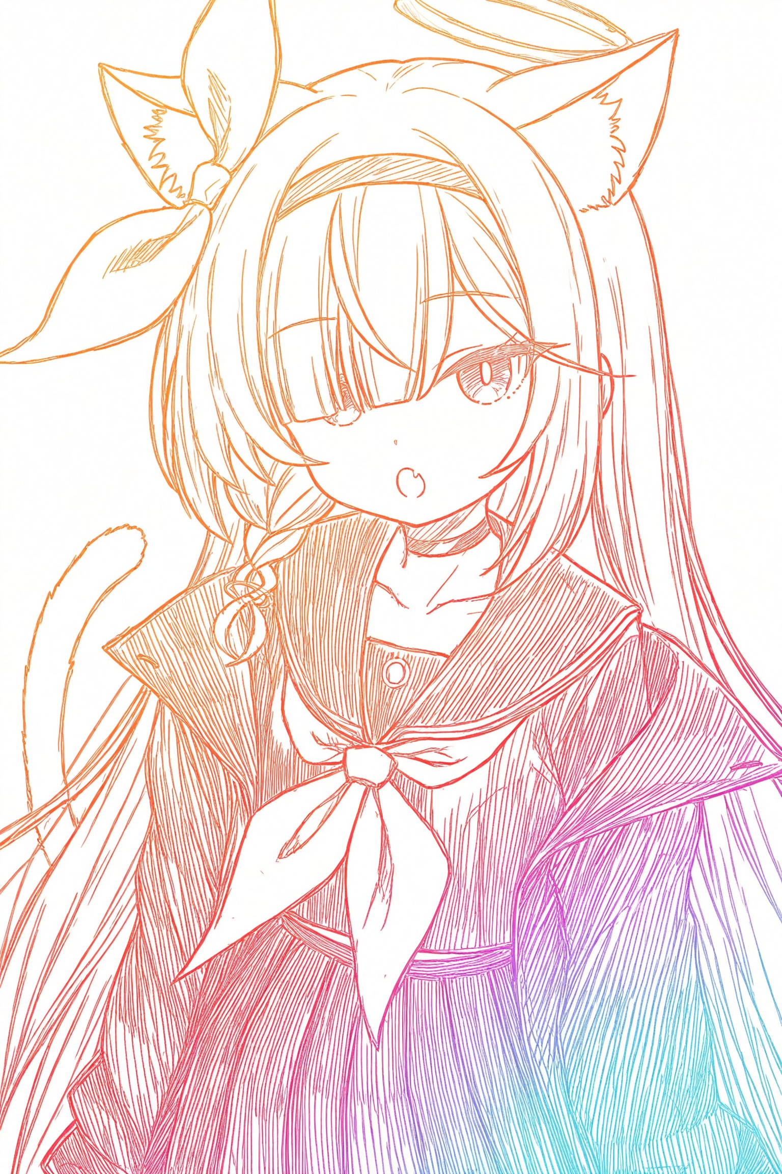 plana (blue archive), 1girl, animal ears, black background, black choker, black coat, black eyes, black hairband, black sailor collar, black serafuku, black shirt, black skirt, blue pupils, bow, braid, cat ears, cat girl, cat tail, choker, coat, collarbone, colored inner hair, fang, grey hair, hair bow, hairband, halo, kemonomimi mode, long hair, looking at viewer, mismatched pupils, multicolored hair, neckerchief, off shoulder, open mouth, pink hair, pink halo, pleated skirt, red pupils, sailor collar, sailor shirt, school uniform, serafuku, shirt, side braid, simple background, single braid, skirt, solo, tail, two-tone hair, very long hair, white bow, white neckerchief, absurdres, commentary, highres, wide shot,lineart