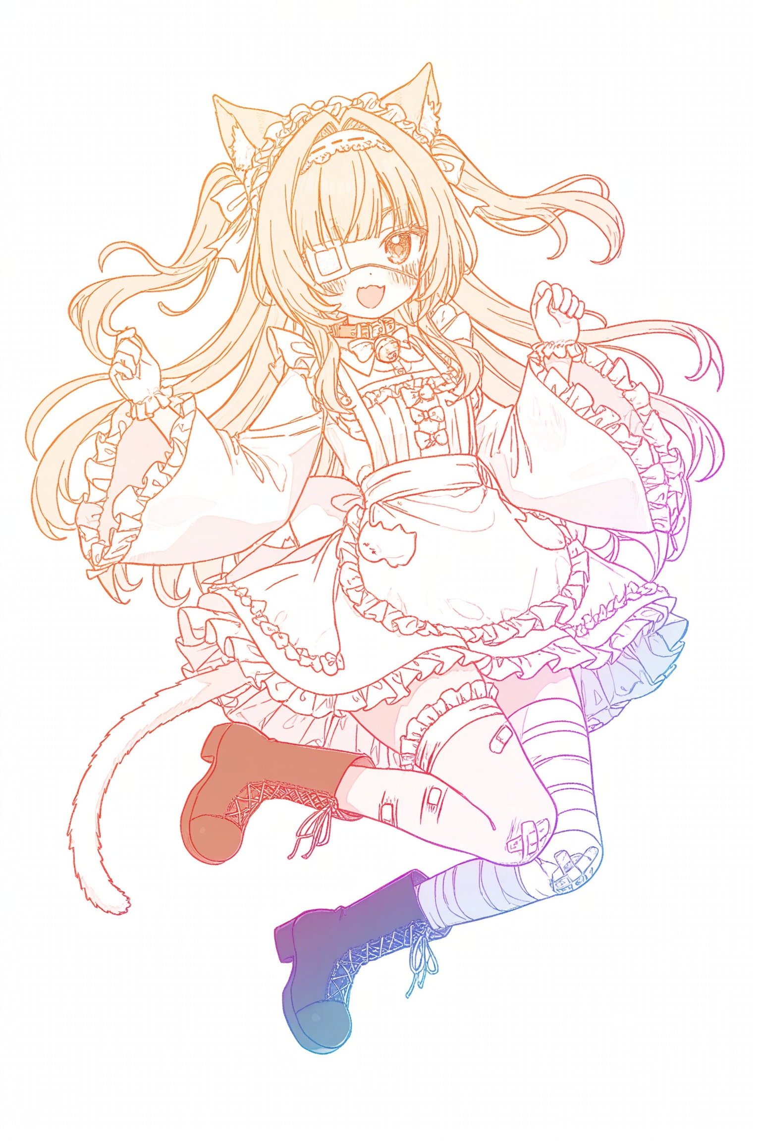 1girl, :d, animal ears, apron, bandaged leg, bandages, bandaid, bandaid on arm, bandaid on knee, bandaid on leg, bell, blonde hair, blush, boots, bow, brown boots, brown eyes, cat ears, cat girl, cat tail, dot nose, dress, eyepatch, fang, frilled apron, frilled dress, frilled gloves, frilled sleeves, frilled thighhighs, frills, full body, gloves, hair intakes, hairband, injury, jumping, lace-trimmed sleeves, lace-up boots, lace trim, lolita fashion, lolita hairband, long hair, long sleeves, medical eyepatch, neck bell, short dress, simple background, single thighhigh, smile, solo, tail, thighhighs, two side up, white apron, white background, white bow, white dress, white gloves, white hairband, wide sleeves, highres, wide shot,lineart