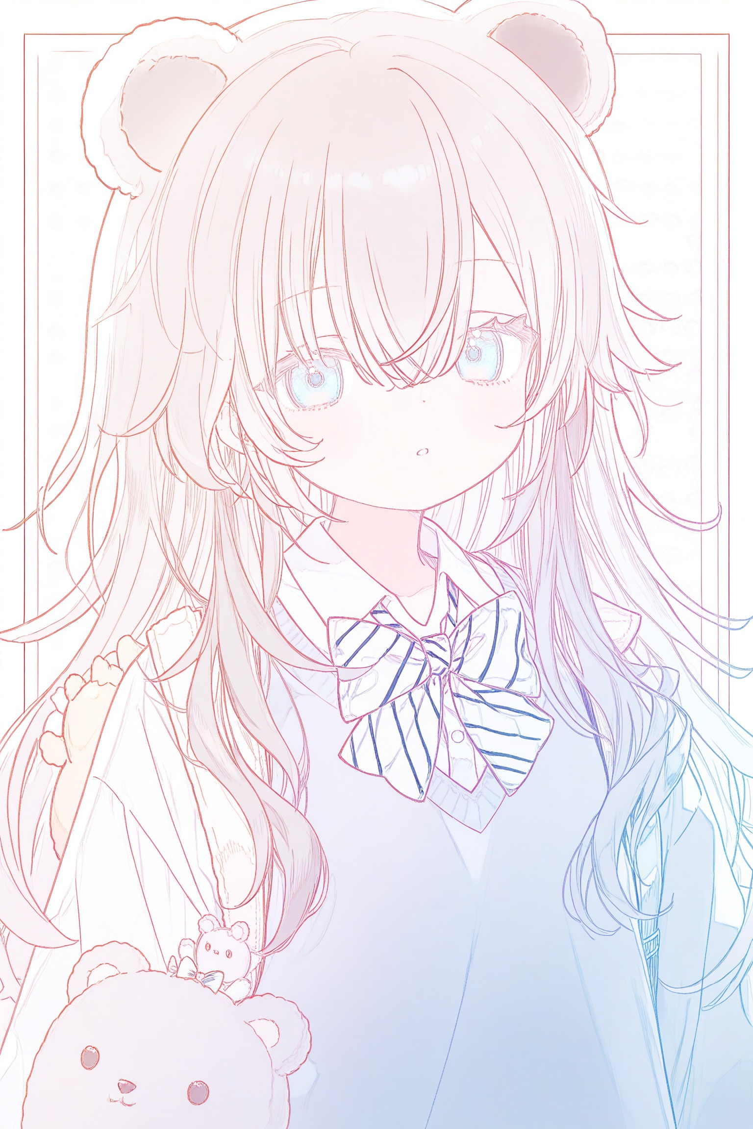 shirokumata beru, 1girl, animal bag, bear bag, blue eyes, bow, bowtie, grey hair, hair between eyes, long hair, looking at viewer, solo, striped bow, striped bowtie, striped clothes, upper body, virtual youtuber, commentary request, highres, wide shot,lineart