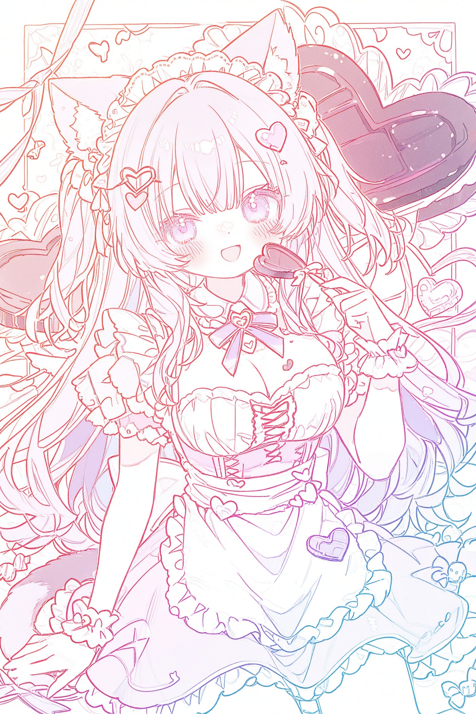 1girl, :d, animal ear fluff, animal ears, apron, blush, breasts, candy, cat ears, cat girl, cat tail, chocolate, cleavage, cowboy shot, dot nose, dress, food, frilled apron, frilled dress, frilled wrist cuffs, frills, hair intakes, hair ornament, heart, heart-shaped chocolate, heart-shaped food, heart hair ornament, holding, holding chocolate, holding food, long hair, looking at viewer, maid headdress, medium breasts, neck ribbon, open mouth, pink dress, purple eyes, purple hair, purple ribbon, ribbon, short sleeves, sitting, smile, solo, tail, two side up, waist apron, white apron, wrist cuffs, commentary request, highres, wide shot,lineart