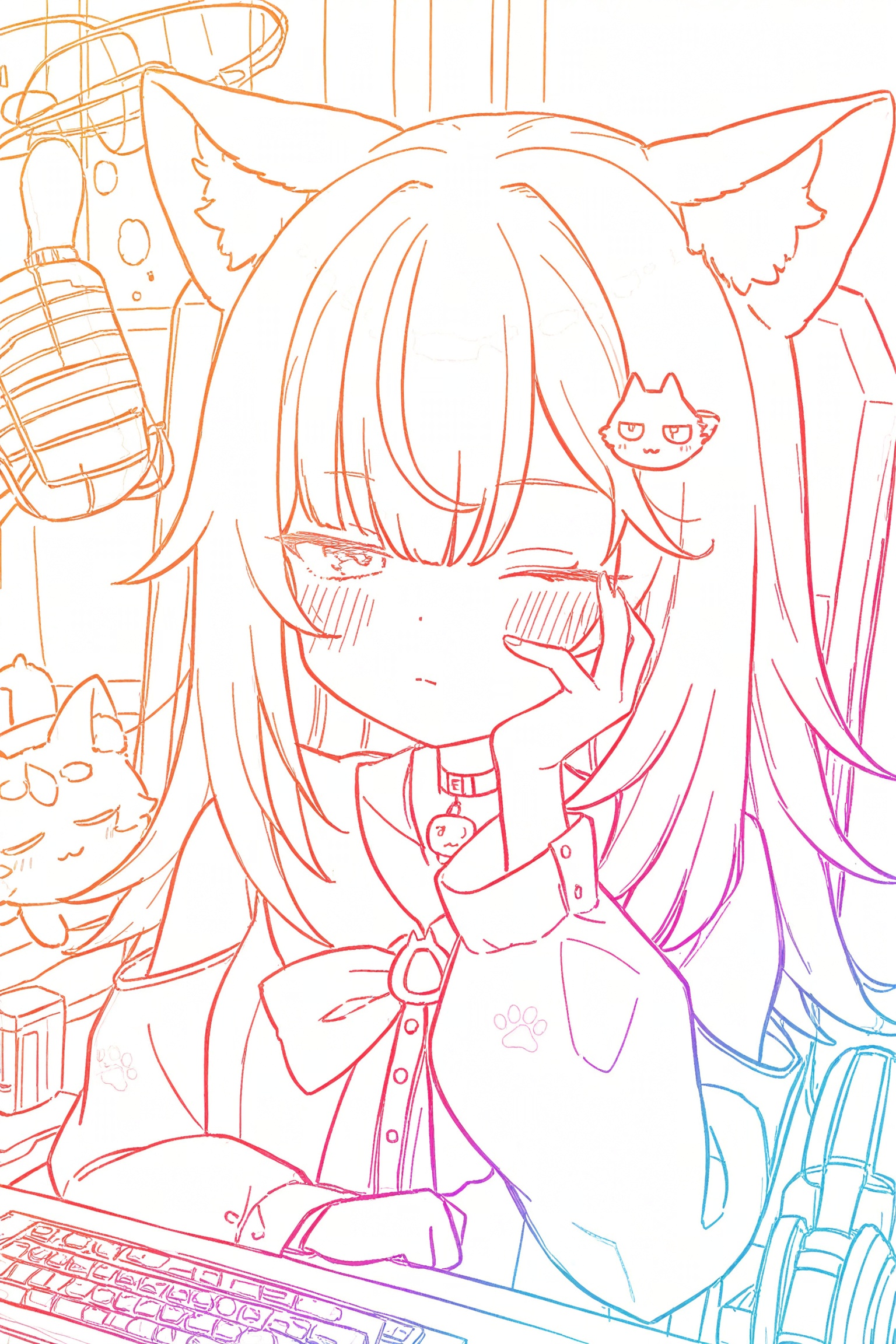 hennyano_(nachoneko),nachoneko,1girl,animal_ear_fluff,animal_ears,arm_cutout,black_choker,black_ribbon,blue_eyes,blue_ribbon,blush,brooch,cat_brooch,cat_girl,choker,closed_mouth,clothing_cutout,computer_keyboard,creature_on_head,dot_nose,dress,grey_hair,hair_between_eyes,hair_ornament,hand_on_own_cheek,hand_on_own_face,jewelry,leaning_back,long_hair,long_sleeves,looking_at_viewer,microphone,monitor,one_eye_closed,paw_print,ribbon,sample_watermark,sitting,sleepy,solo,tail,tenshi_kaiwai,upper_body,virtual_youtuber,watermark,white_dress,highres,lineart