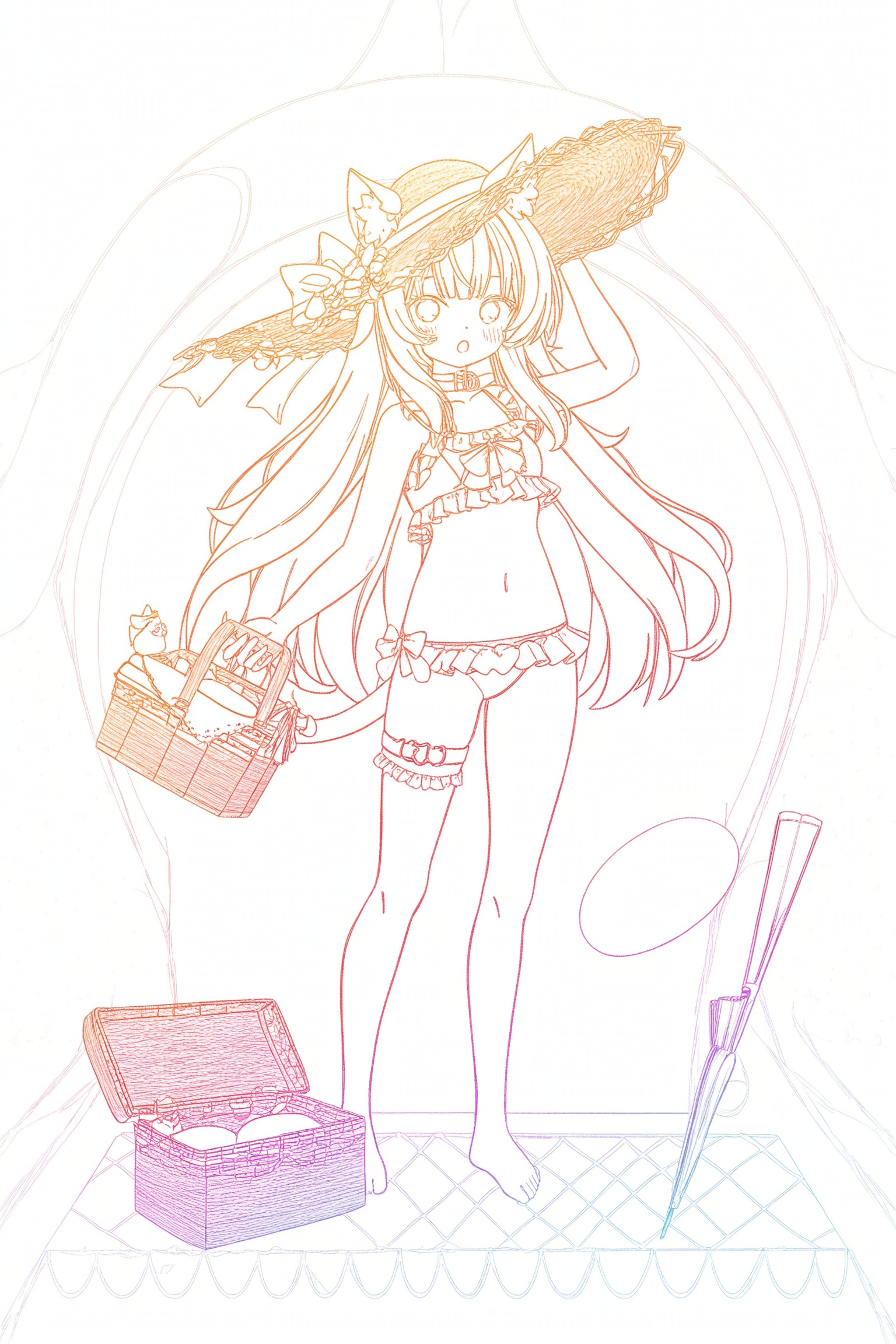 1girl, animal ears, barefoot, bikini, blush, cat ears, cat girl, frilled thigh strap, full body, hand on headwear, hat, long hair, looking at viewer, navel, open mouth, picnic basket, solo, standing, sun hat, swimsuit, thigh strap, commentary, highres, wide shot,lineart