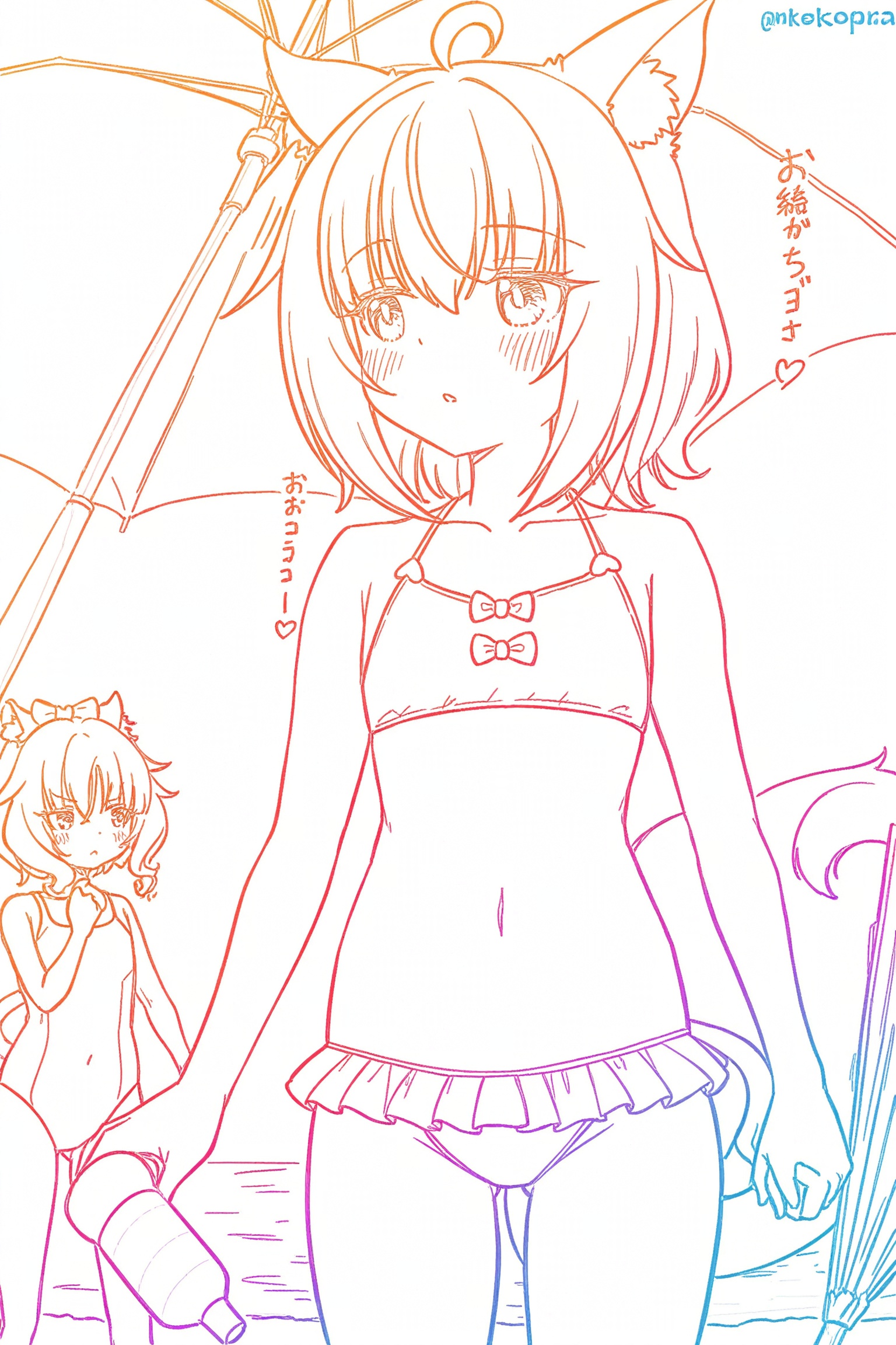 cacao (nekopara), cinnamon (nekopara), 2girls, ahoge, animal ear fluff, animal ears, arm at side, baby bottle, beach, beach umbrella, bikini, blush, bottle, bow, cat ears, cat girl, cat tail, covered navel, cowboy shot, day, double-parted bangs, flat chest, frilled bikini, frills, green hair, hair between eyes, hands up, heart, height difference, holding, holding bottle, holding hands, looking at another, looking to the side, multiple girls, one-piece swimsuit, orange bow, outdoors, pink one-piece swimsuit, short hair, solo focus, sound effects, swimsuit, tail, thighs, twitter username, umbrella, upturned eyes, white bikini, yellow eyes, absurdres, commentary, english commentary, highres, wide shot,lineart