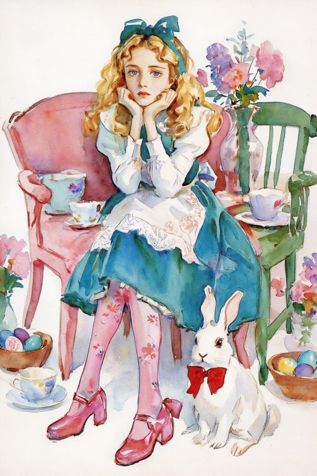 johnsingersargent14z watercolor painting. Painterly modern illustration. Frontal full shot of a young woman with long,  cu...