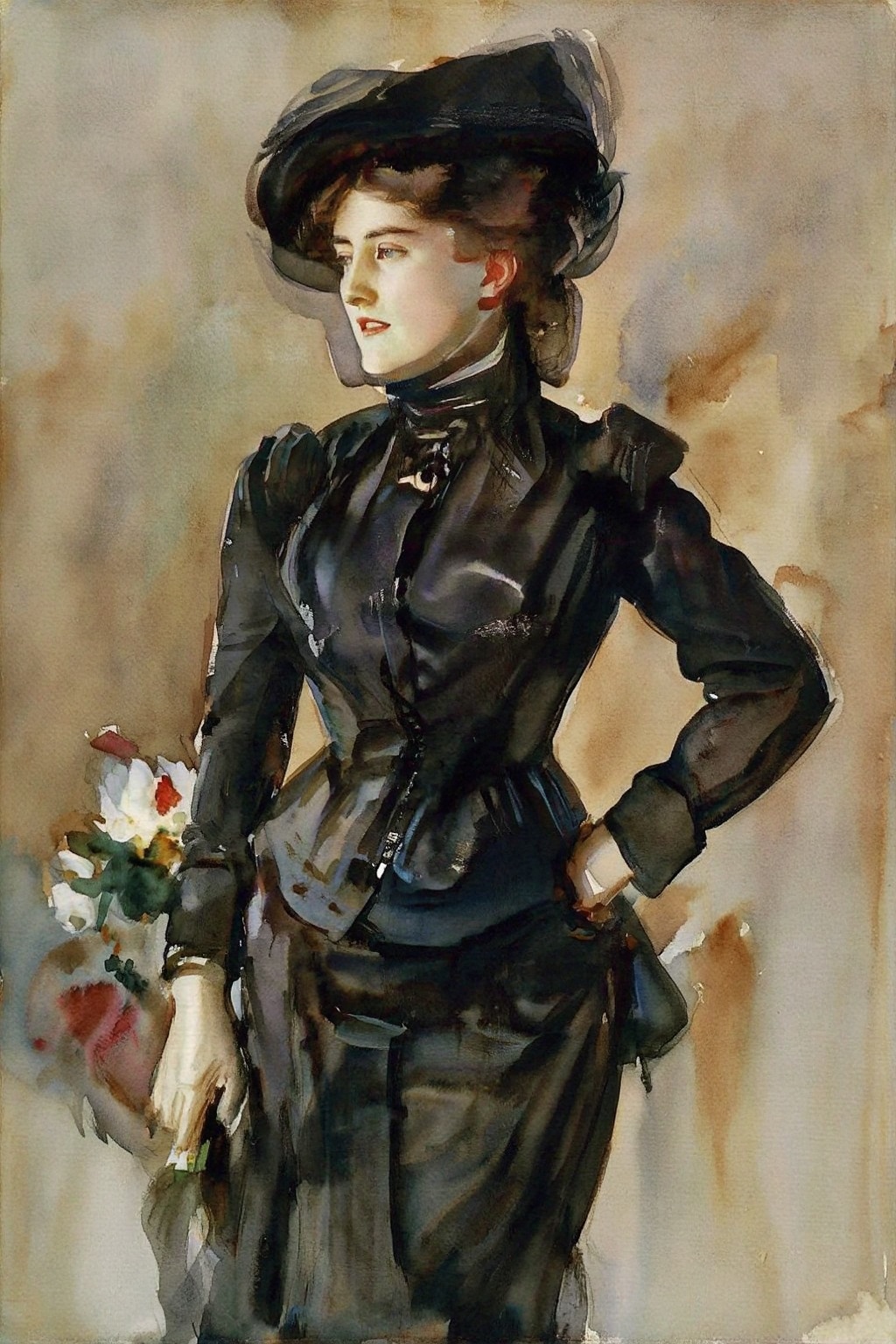 johnsingersargent14z watercolor painting. Formal Edwardian-style oil painting portrait in the style John Singer Sargent of...