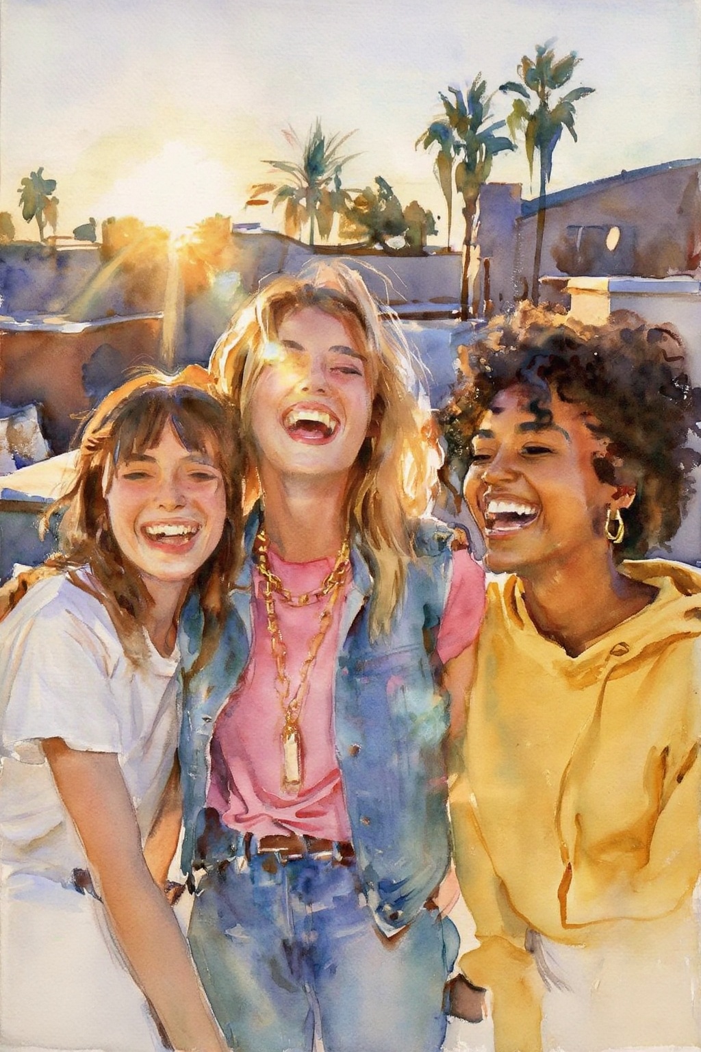 johnsingersargent14z25 watercolor painting. Close-up shot of three young women huddled together and laughing joyfully on a...