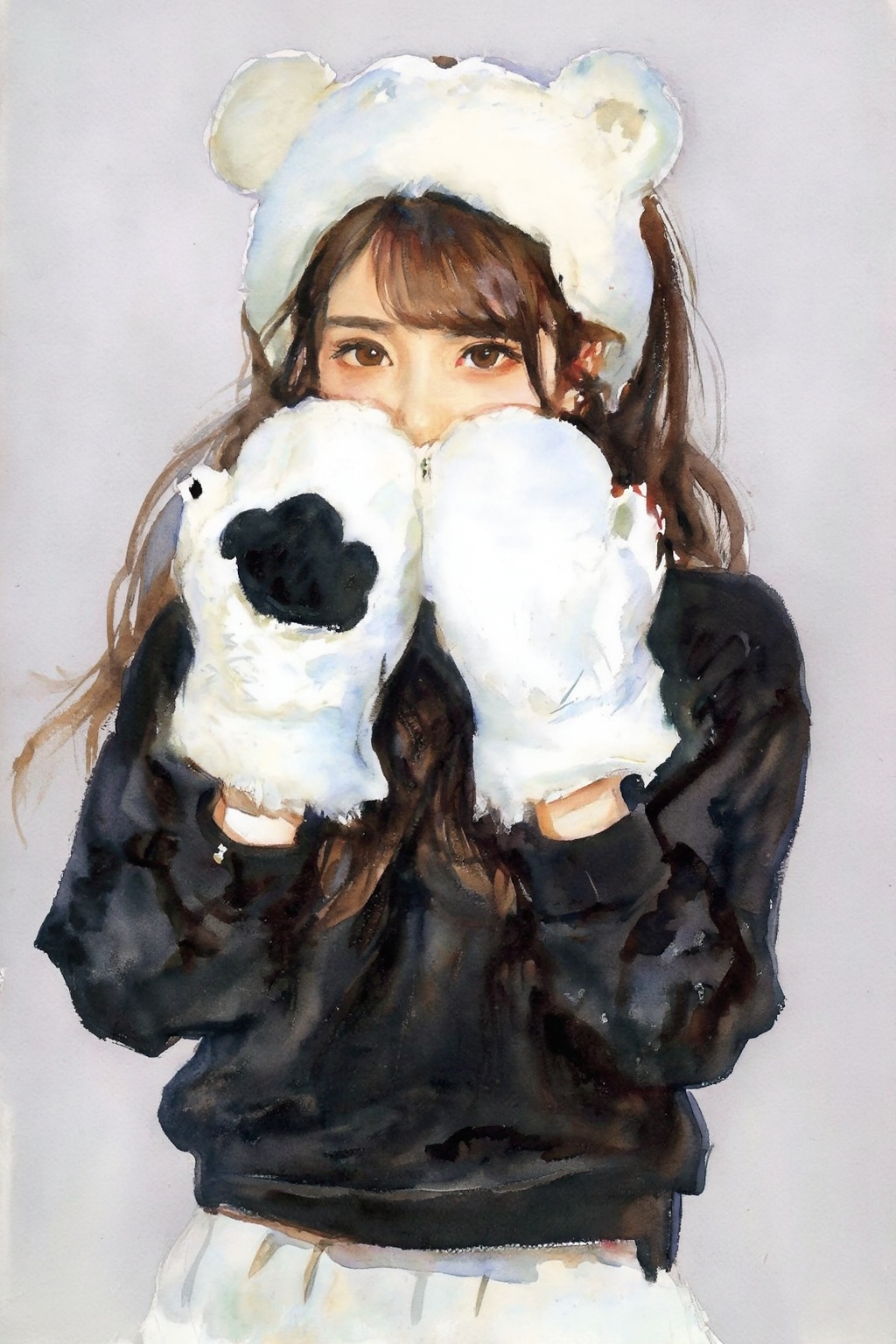 johnsingersargent14z25 watercolor painting. Young woman with long flowing dark brown hair and large brown eyes. She playfu...
