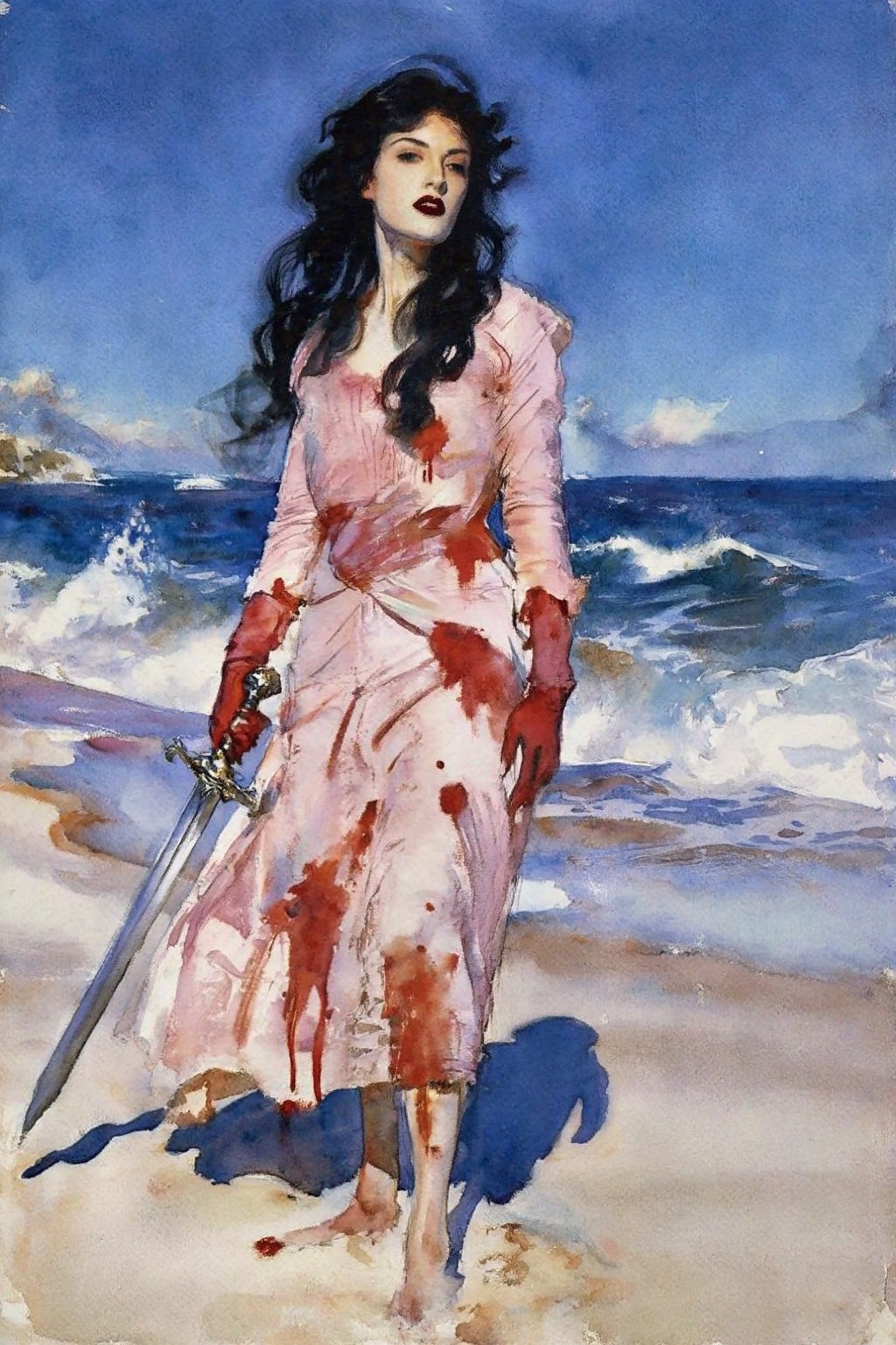 johnsingersargent14z watercolor painting. Full-length shot from a slightly low angle of a woman standing on a sandy beach...