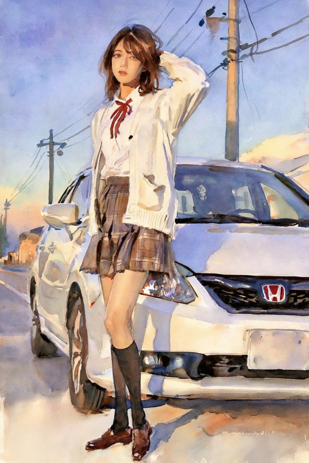 johnsingersargent14z25 watercolor painting. Low-angle full-body shot of an East Asian woman with medium-length brown hair...