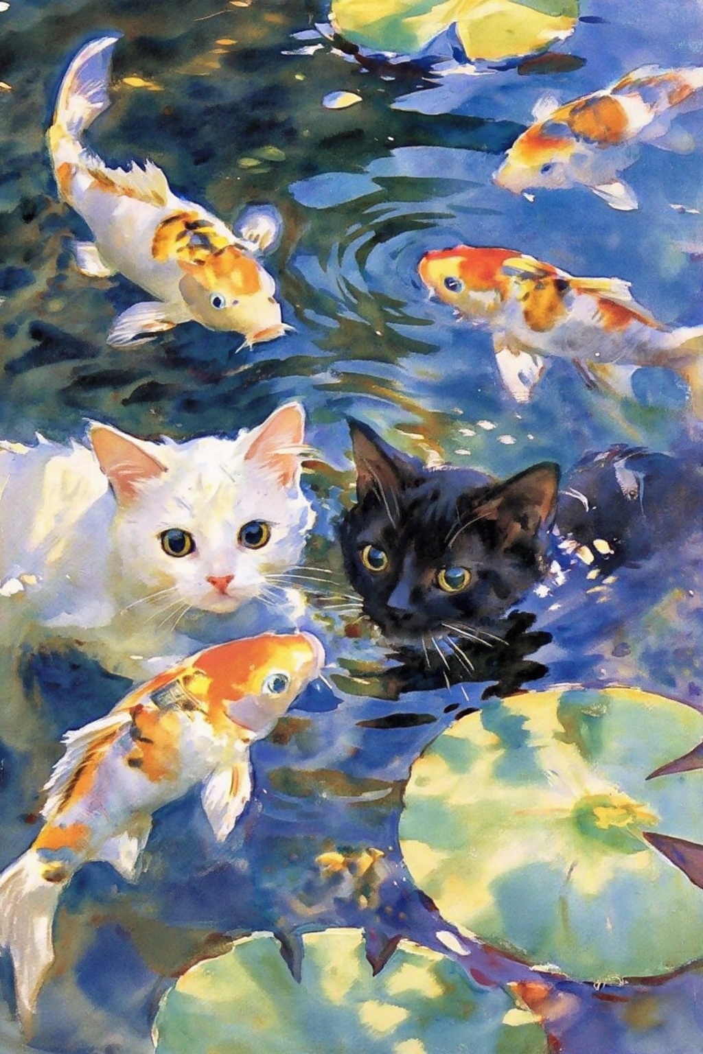 johnsingersargent14z watercolor painting. High-angle,  top-down view captures a whimsical scene in a koi pond. Close-up of...