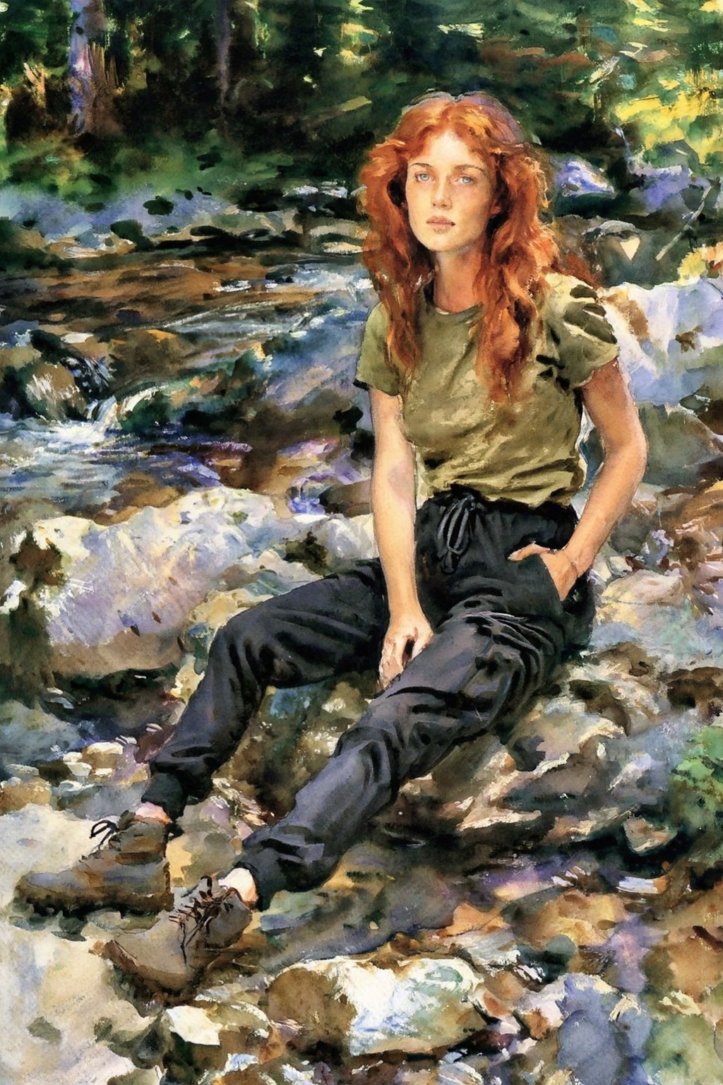 johnsingersargent14z25 watercolor painting. On the right is a woman with long,  wavy vibrant red hair and light-colored ey...