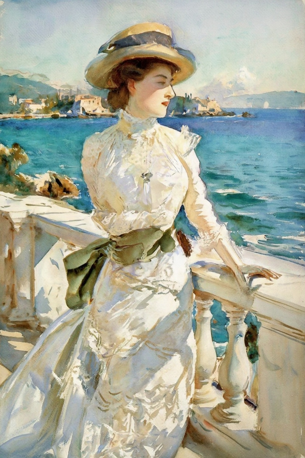 johnsingersargent14z25 watercolor painting. Young Victorian woman shown in 3/4 view,  with short dark brown hair and a ser...