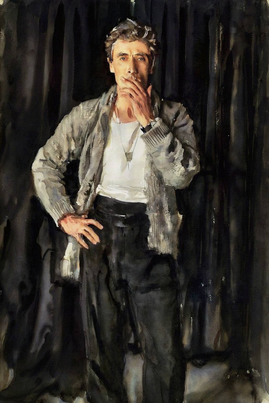 johnsingersargent14z25 watercolor painting. A man with short salt-and-pepper wavy hair posing against black pleated curtai...