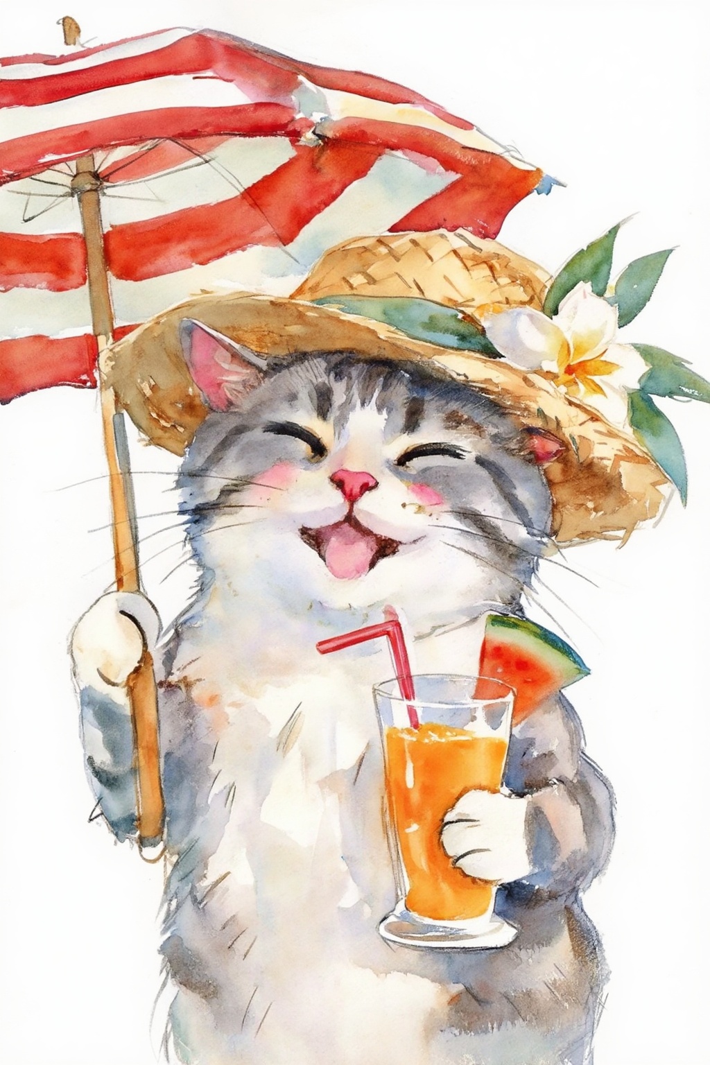 johnsingersargent14z25 watercolor painting. Whimsical grey tabby cat enjoying a summer vacation,  set against a solid whit...