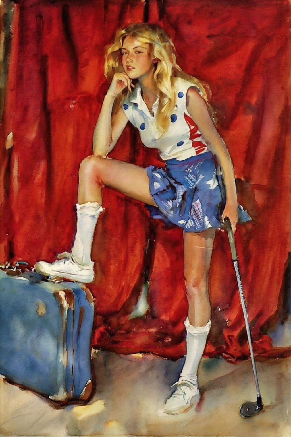 johnsingersargent14z watercolor painting. Medium-full shot of a young woman with long flowing blonde hair standing with on...