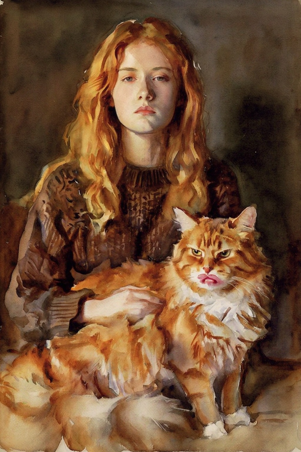 johnsingersargent14z watercolor painting. Young woman with long,  wavy reddish-blonde hair and a neutral expression,  sitt...