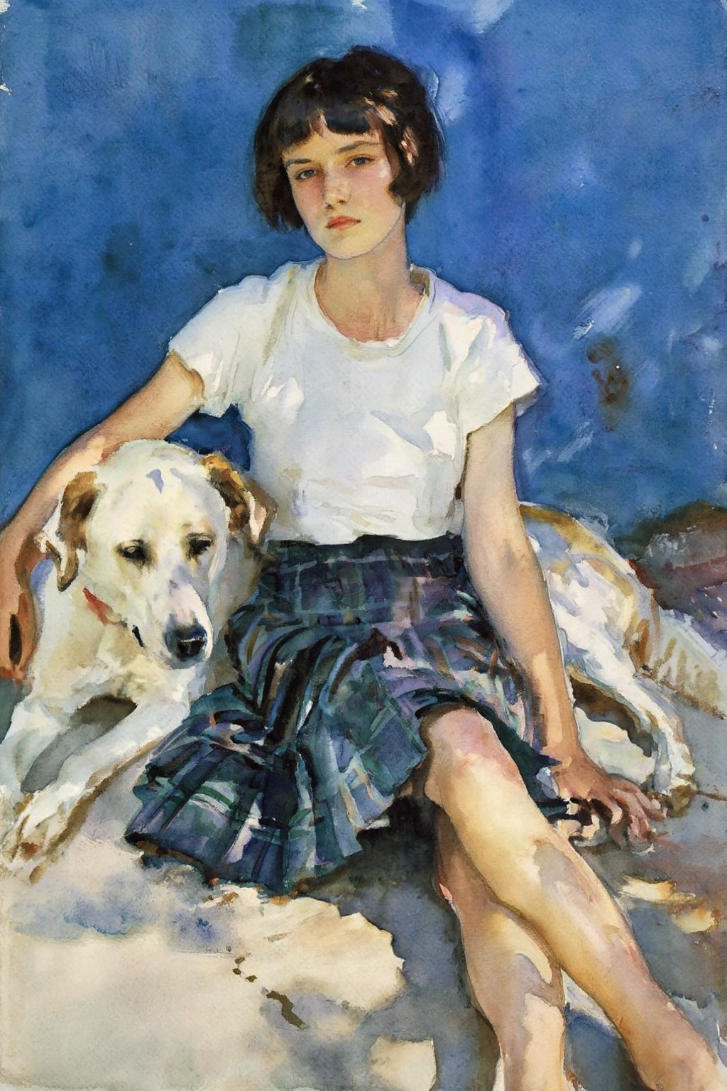johnsingersargent14z25 watercolor painting. Close-up of a young woman with a short dark bob cut and wispy bangs sitting wi...