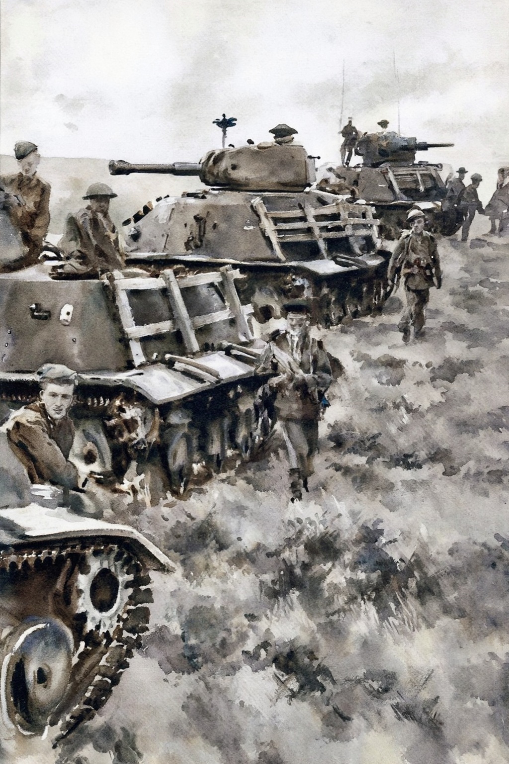 johnsingersargent14z25 watercolor painting. Low-angle,  wide shot of several British rhomboid tanks advancing across a gra...
