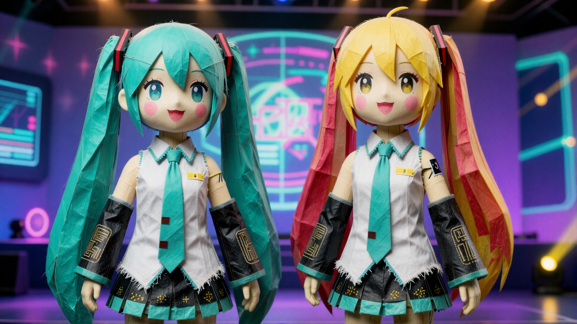 纸扎人偶. Two-shot. Medium Shot. A photo of paper-made Hatsune Miku and Kagamine Rin,  electronic accessories broken,  clothes...