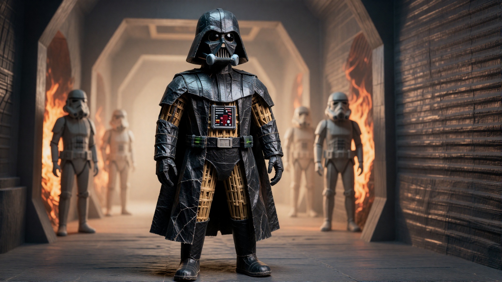 纸扎人偶. Full Body Shot. A photo of a paper-made Darth Vader,  black armor cracked,  respirator damaged on Tensor.Art