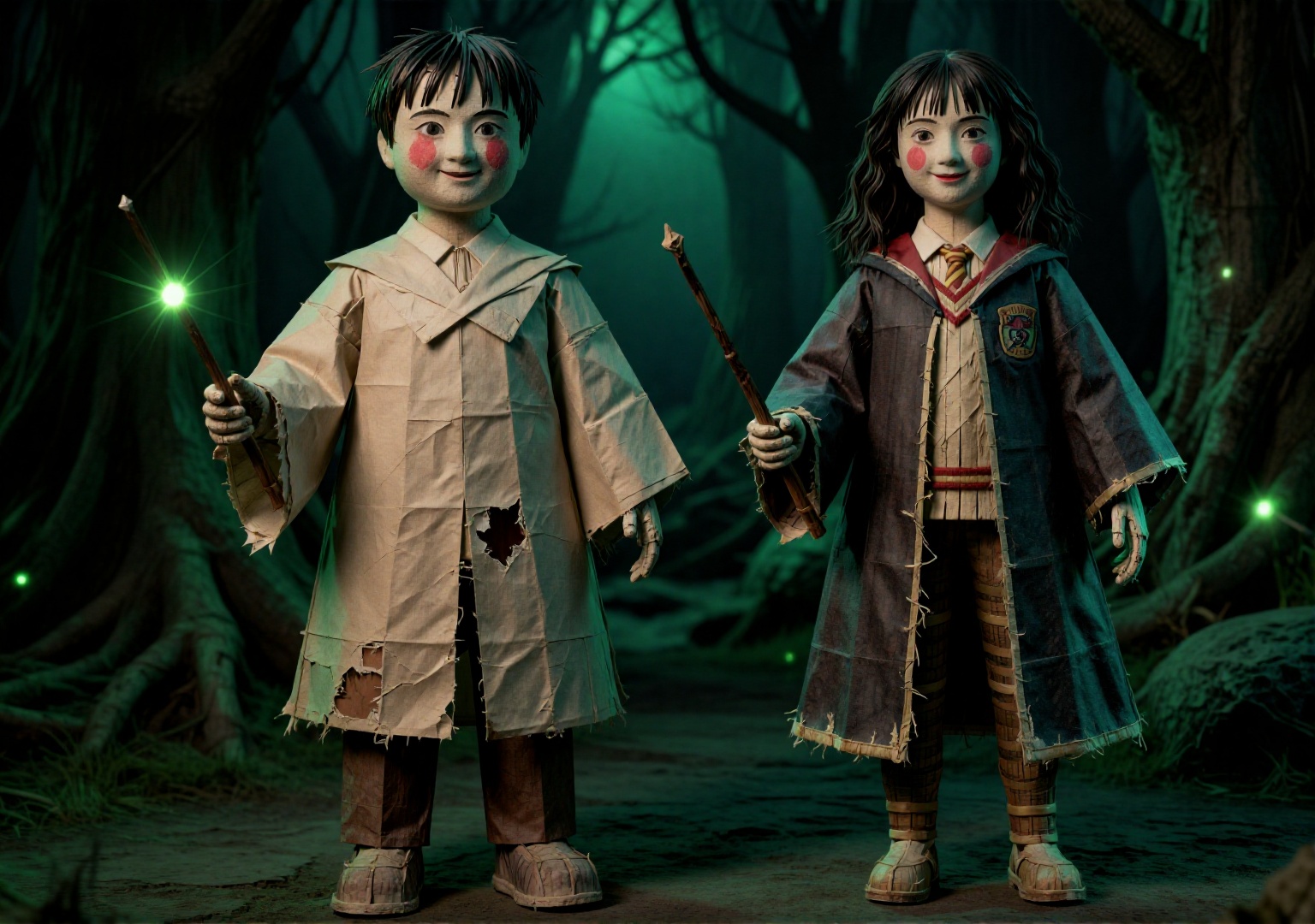 纸扎人偶. Two-shot. Full Body Shot. Paper-made Harry Potter and Hermione,  wizard robes torn,  wands broken on Tensor.Art
