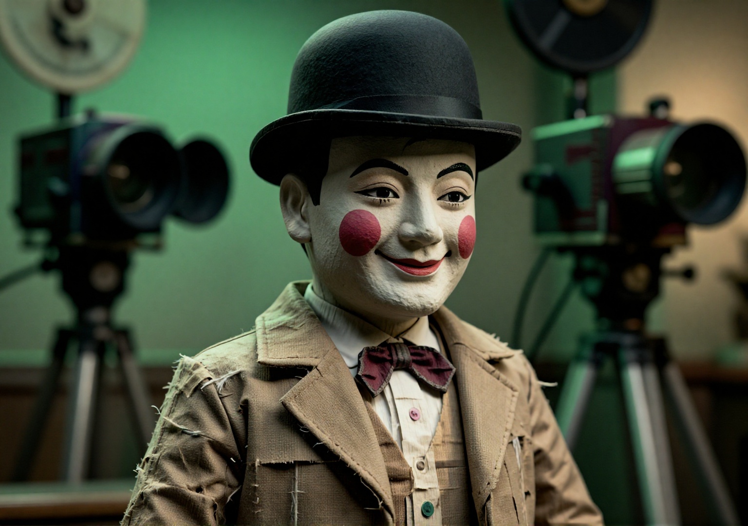 Medium Shot. A paper-made Charlie Chaplin,  bowler hat cracked,  coat frayed on Tensor.Art