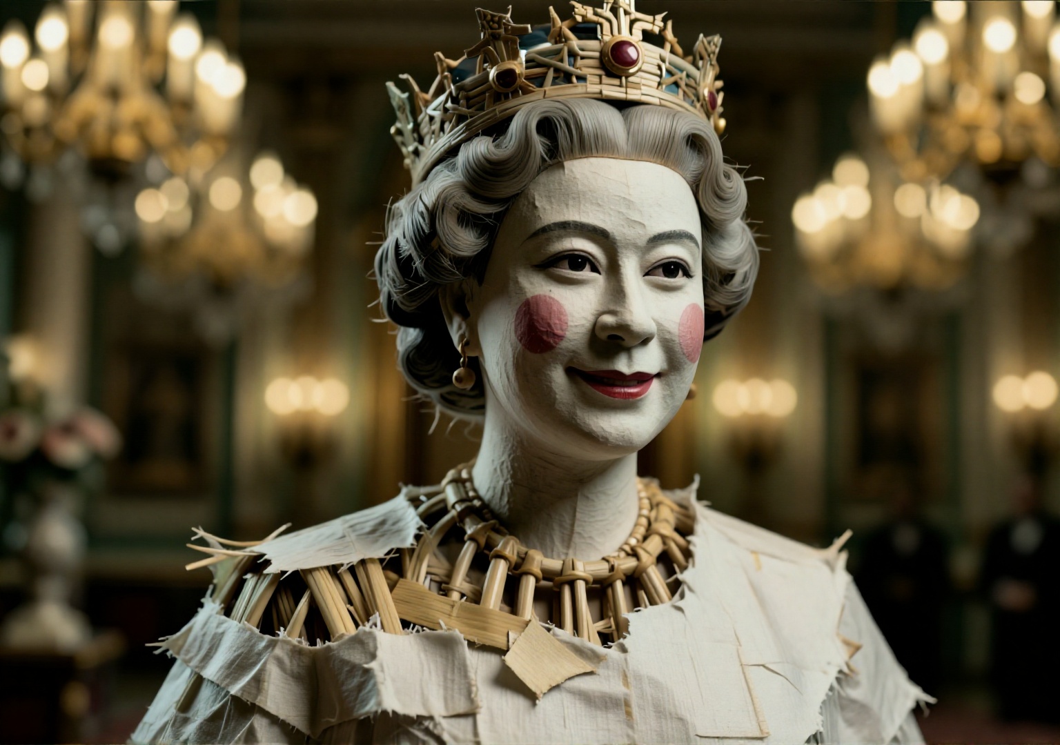 纸扎人偶. Medium Shot. Upper Body Shot. Queen Elizabeth II,  royal dress torn,  crown broken on Tensor.Art