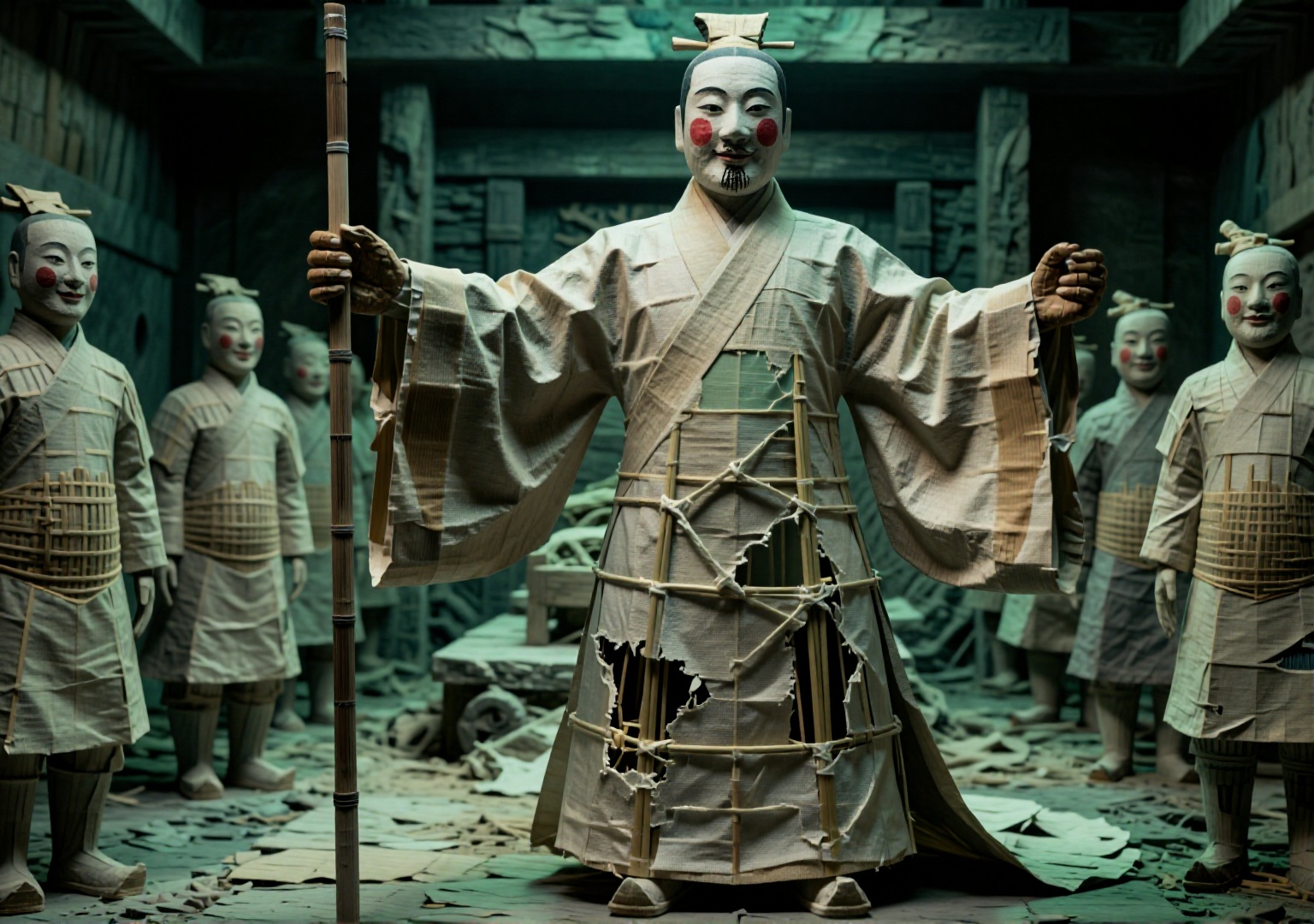 纸扎人偶. Full Body Shot. Full Body Shot. Qin Shi Huang,  imperial robe damaged,  jade seal cracked on Tensor.Art