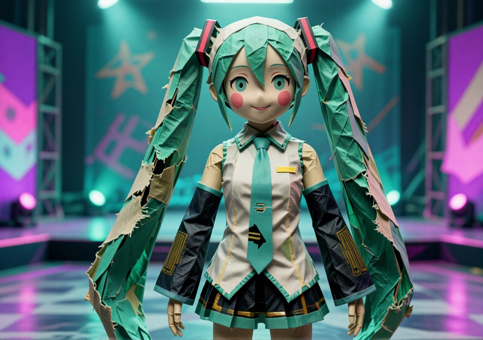 纸扎人偶. Medium Shot. Hatsune Miku,  virtual idol outfit torn,  hair accessory broken on Tensor.Art