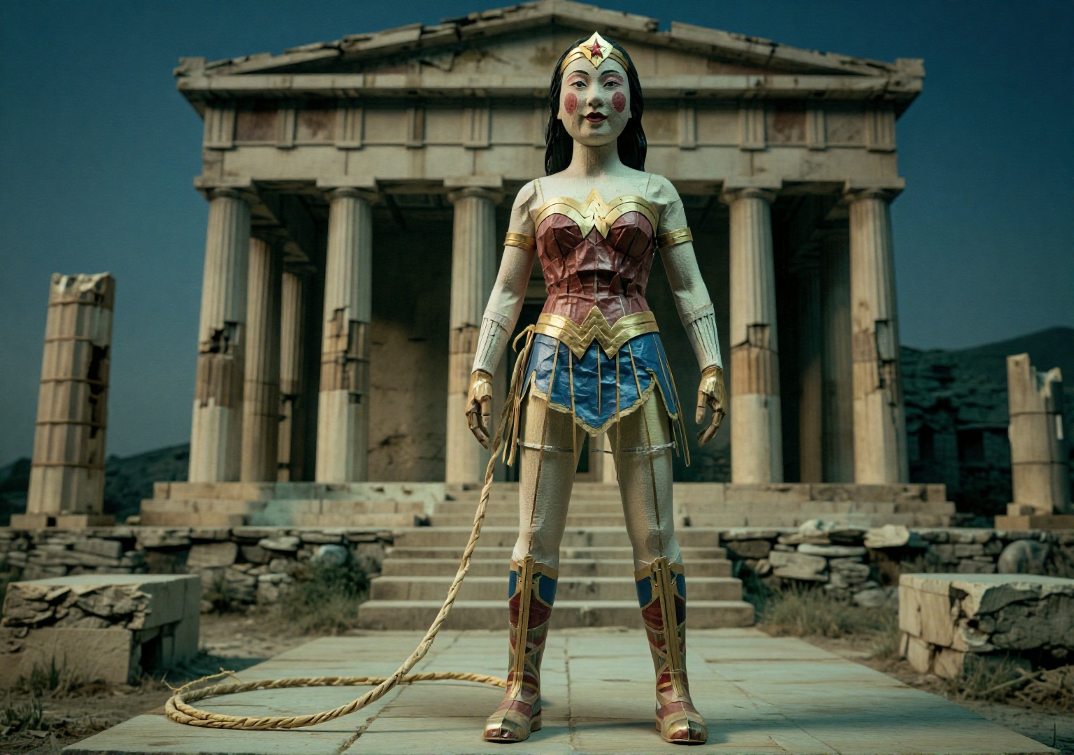 纸扎人偶. Full Body Shot. Wonder Woman,  tiara cracked,  lasso torn on Tensor.Art