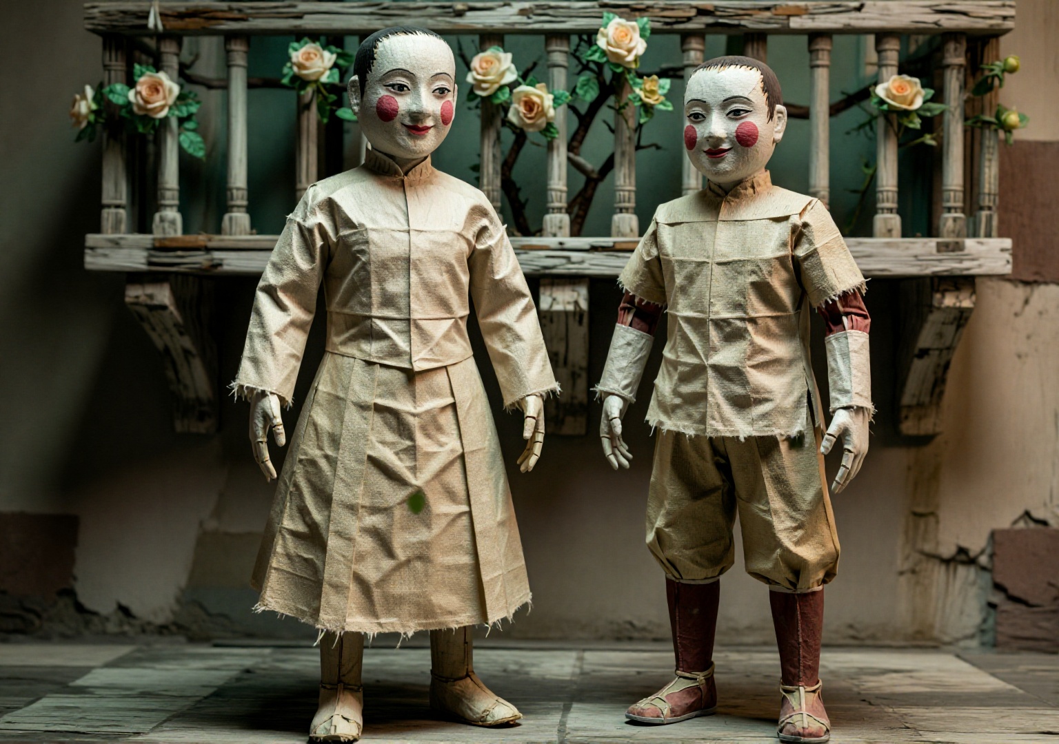 纸扎人偶. Two-shot. Full Body Shot. Romeo and Juliet,  vintage outfits frayed,  accessories broken on Tensor.Art