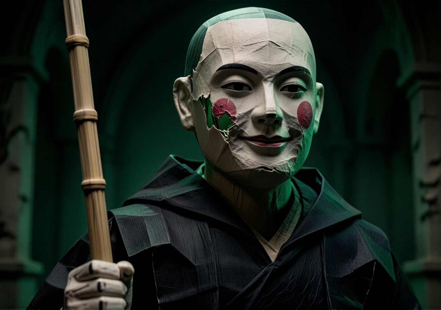 纸扎人偶. Upper Body Shot. Voldemort,  dark magic robe torn,  mask damaged on Tensor.Art