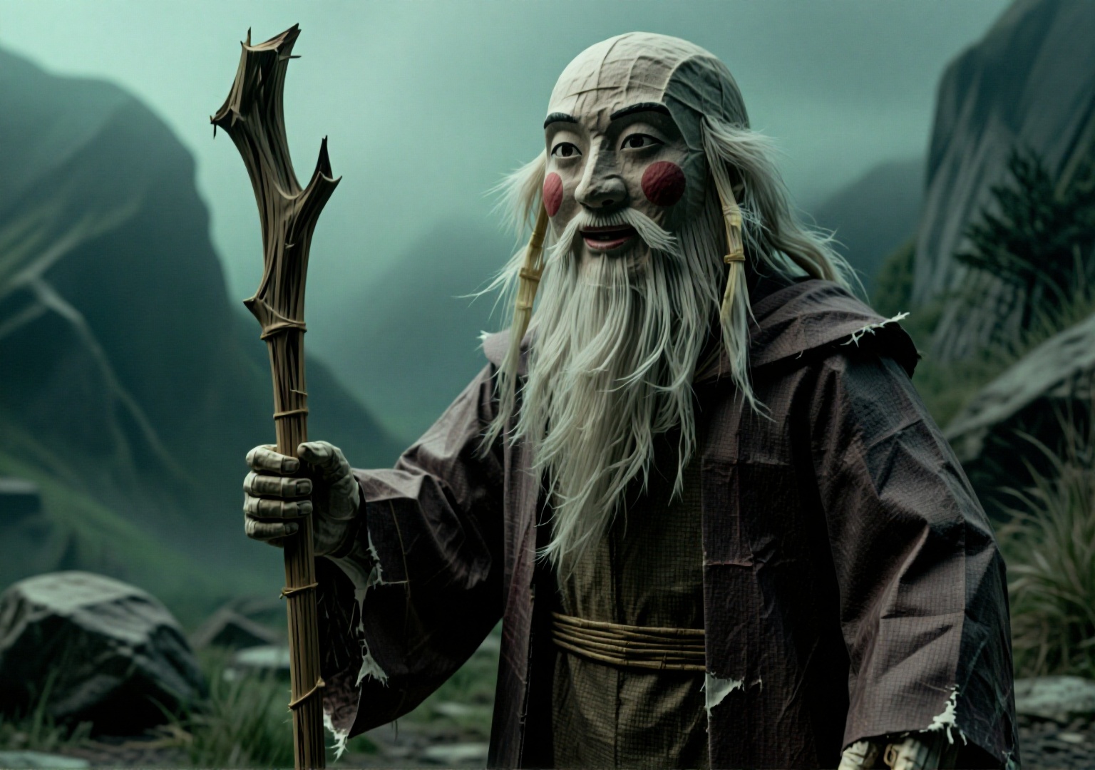 纸扎人偶. Medium Shot. Gandalf,  wizard robe frayed,  staff broken on Tensor.Art
