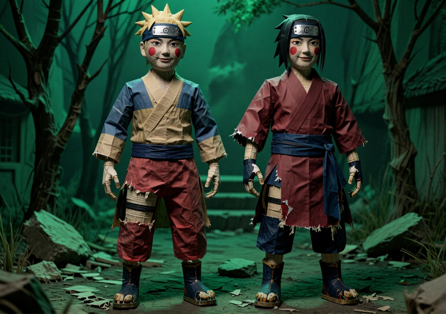 纸扎人偶. Two-shot. Full Body Shot. Naruto and Sasuke,  ninja outfits frayed,  weapons broken on Tensor.Art
