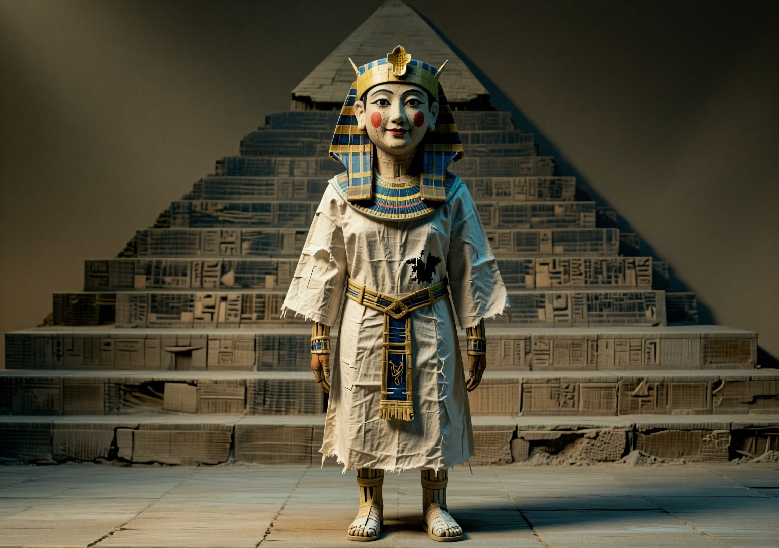 纸扎人偶. Full Body Shot. Cleopatra,  Egyptian robe frayed,  crown broken on Tensor.Art